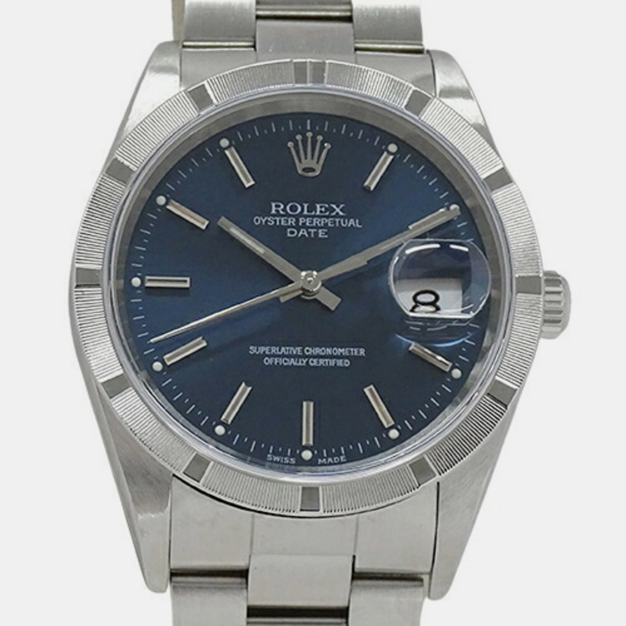 Rolex Blue Stainless Steel Oyster Perpetual Date 15210 Automatic Men's Wristwatch 35 Mm