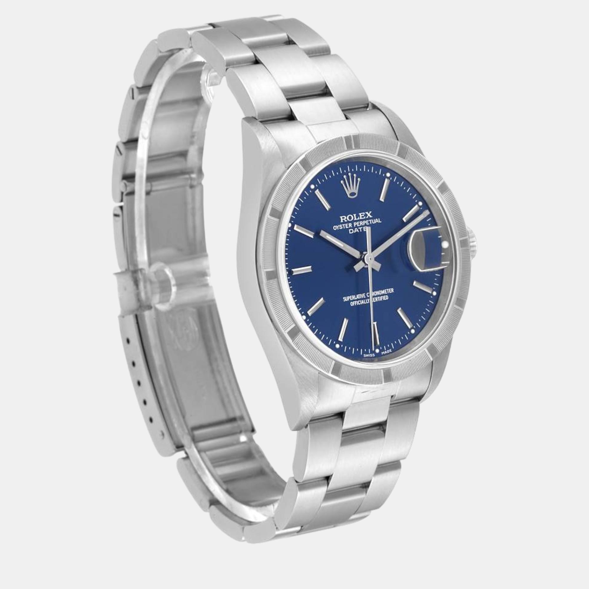 Rolex Date Blue Dial Engine Turned Bezel Steel Men's Watch 15210 34 Mm
