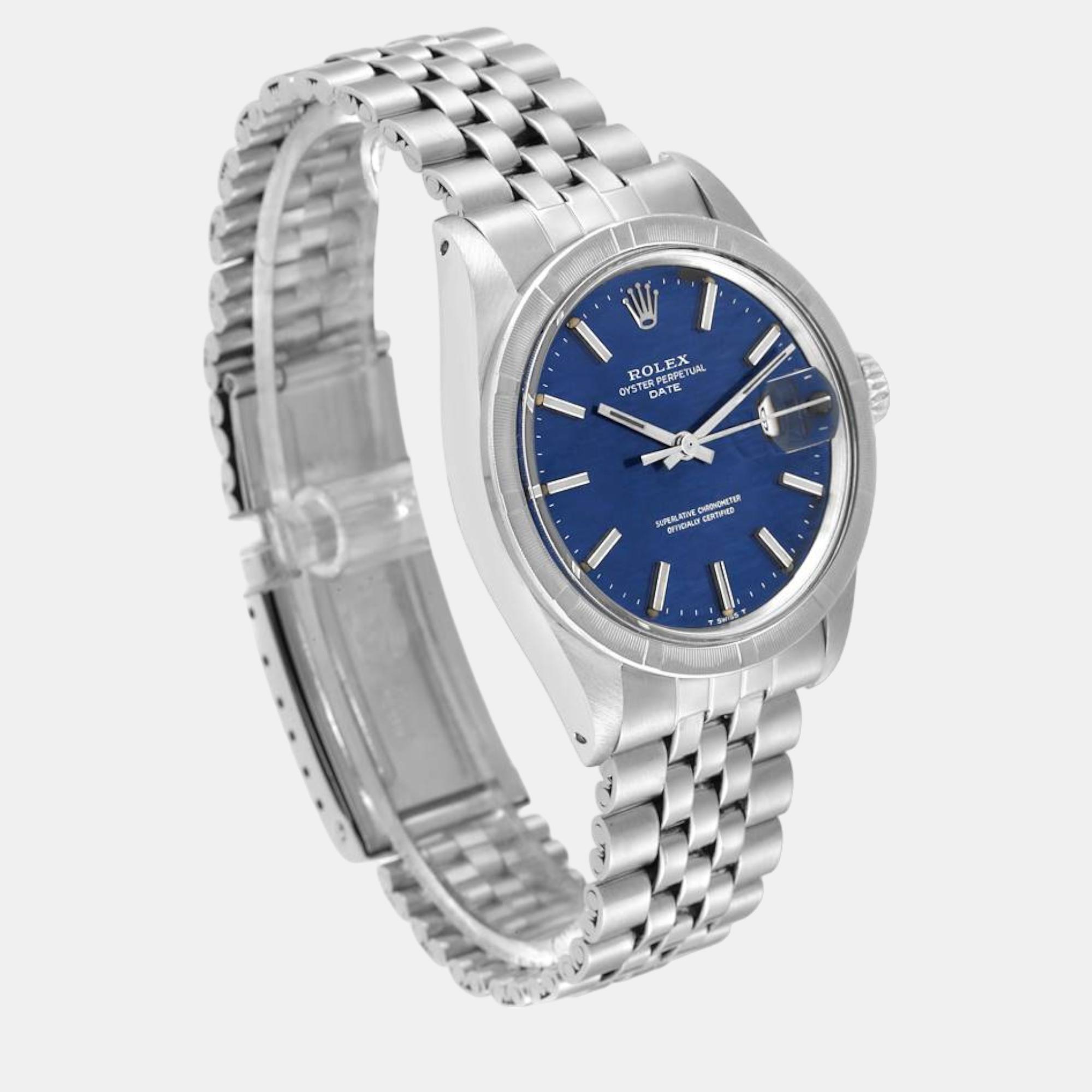 Rolex Date Blue Brick Dial Engine Turned Bezel Vintage Steel Men's Watch 1501 35 Mm