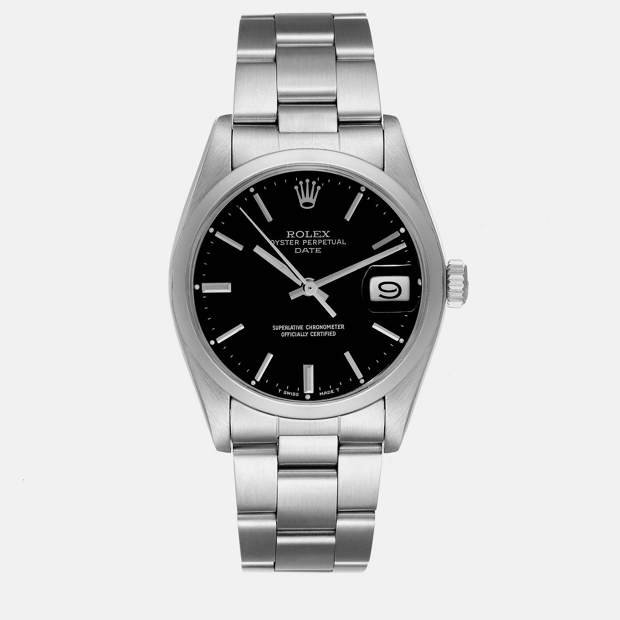 Rolex Date Smooth Bezel Black Dial Steel Vintage Men's Watch 1500 35 Mm