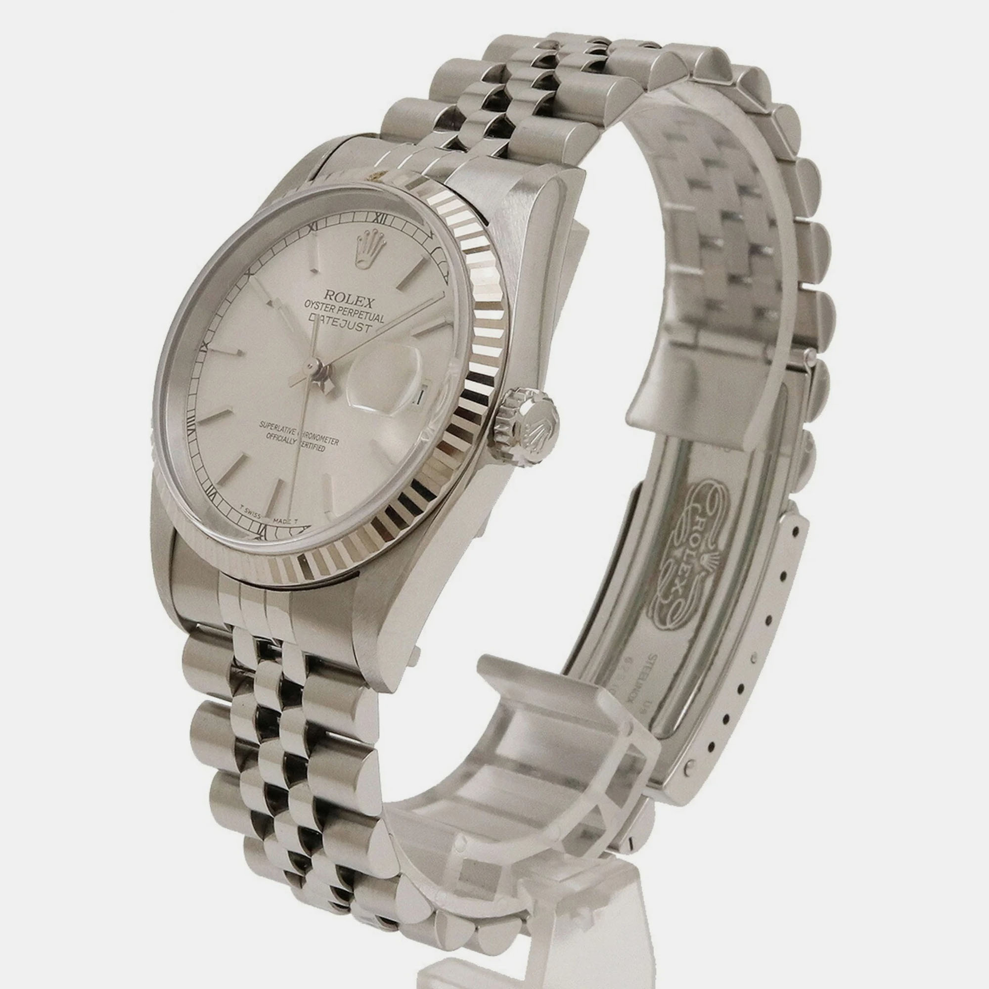 Rolex Silver 18k White Gold And Stainless Steel Datejust 16234 Automatic Men's Wristwatch 35 Mm