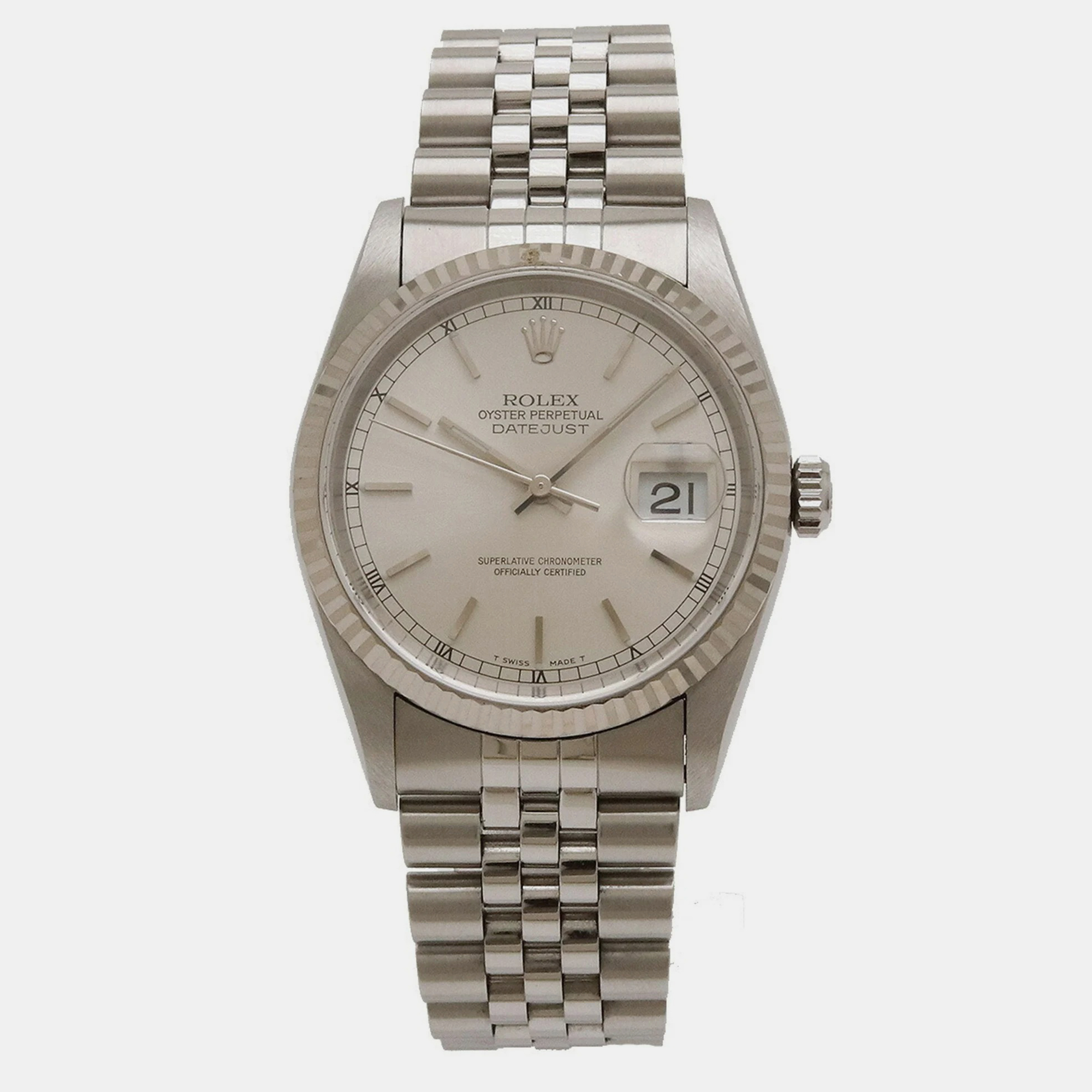 Rolex Silver 18k White Gold And Stainless Steel Datejust 16234 Automatic Men's Wristwatch 35 Mm