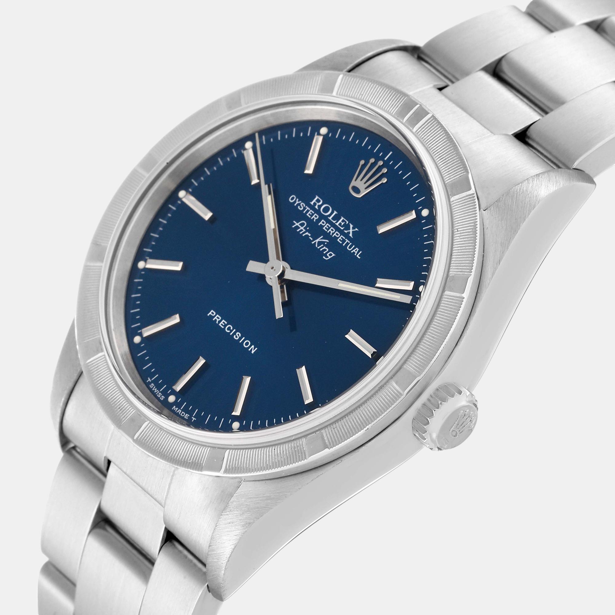 Rolex Air King Engine Turned Bezel Blue Dial Steel Mens Watch 14010 34 mm
Rolex Air King Engine Turned Bezel Blue Dial Steel Mens Watch 14010 34 mm