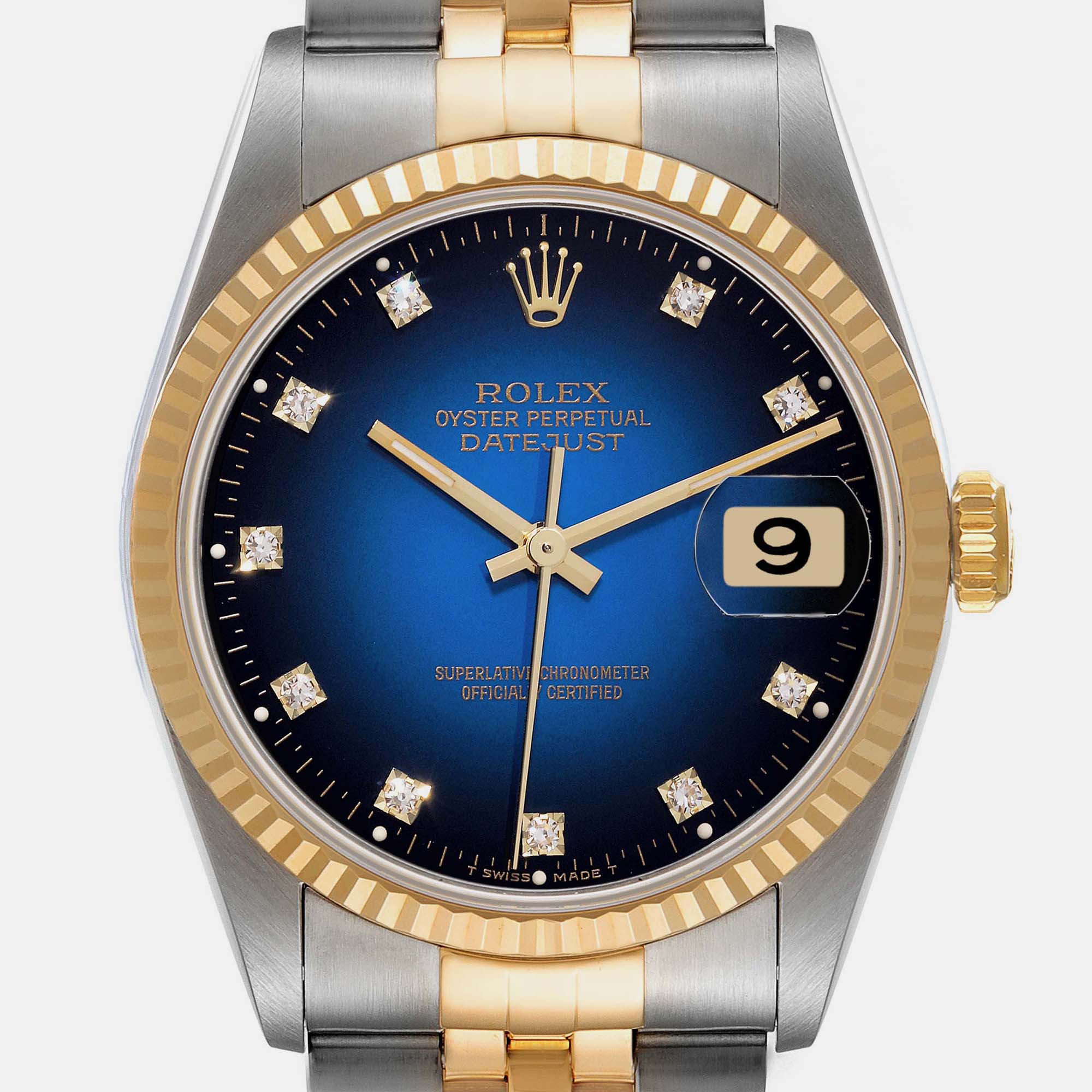 Rolex Datejust Steel Yellow Gold Blue Vignette Diamond Dial Mens Watch 16233