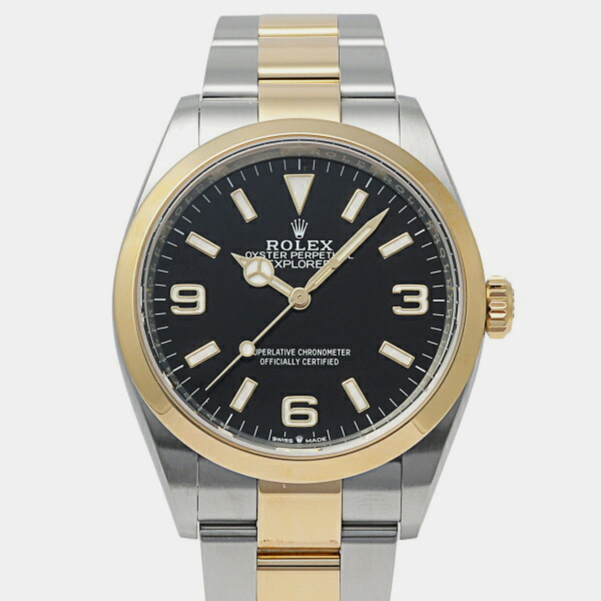 Rolex black 18k yellow gold and stainless steel explorer 124273 automatic men's wristwatch 36 mm