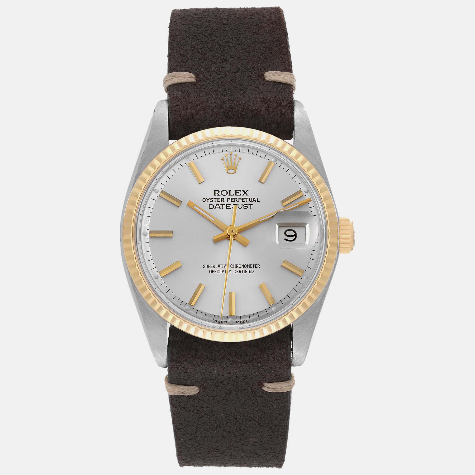 Rolex Datejust Steel Yellow Gold Silver Dial Vintage Mens Watch 1601 36 Mm
