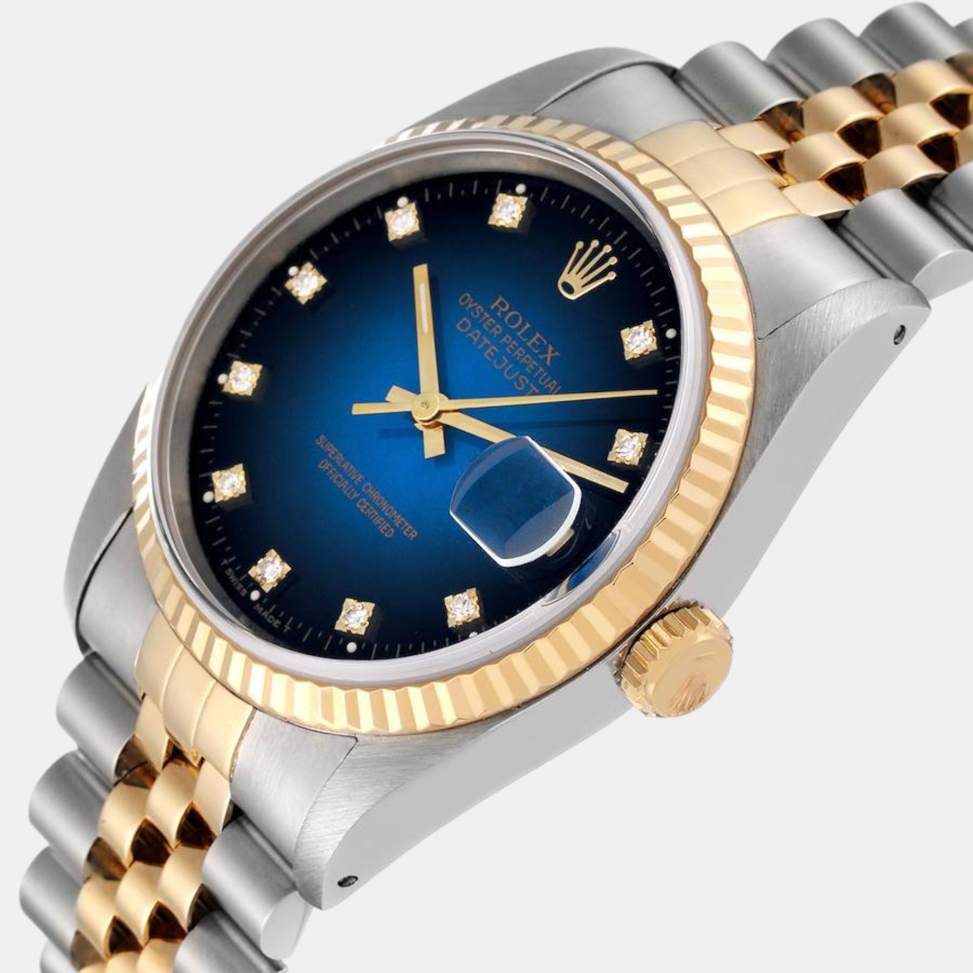Rolex Datejust Blue Vignette Diamond Dial Steel Yellow Gold Mens Watch 16233
Rolex Datejust Blue Vignette Diamond Dial Steel Yellow Gold Mens Watch 16233