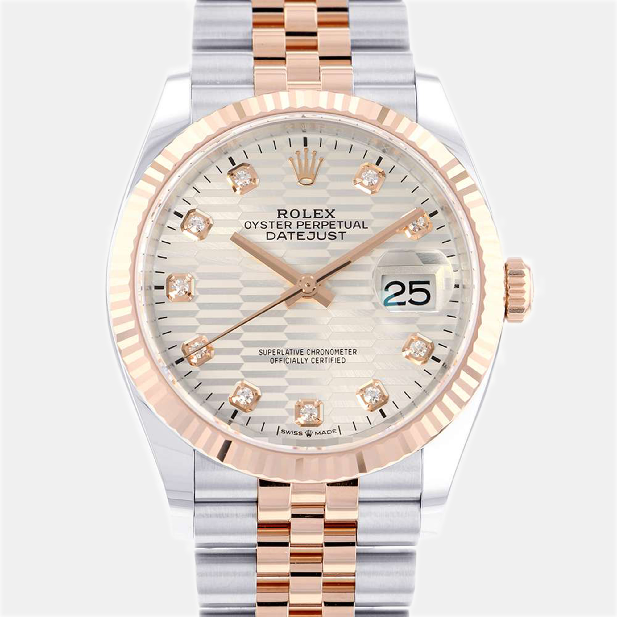 Rolex Silver Diamond 18k Rose Gold And Stainless Steel Datejust 126231 Automatic Men's Wristwatch 36 Mm