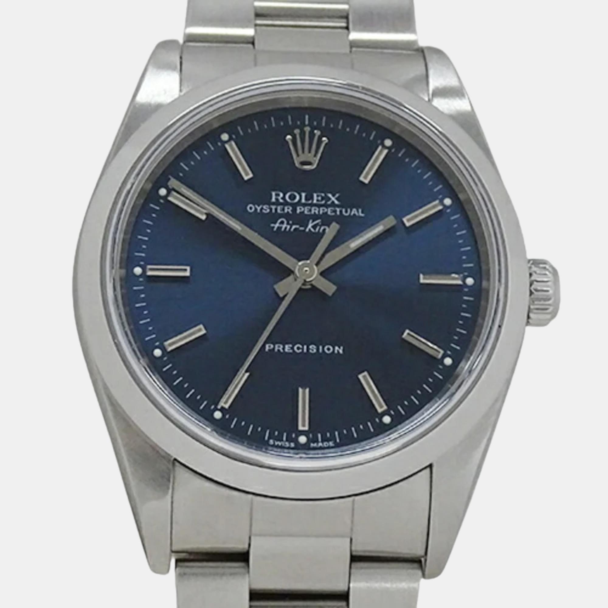Rolex Blue Stainless Steel Air-King 14000 Automatic Men's Wristwatch 34 Mm