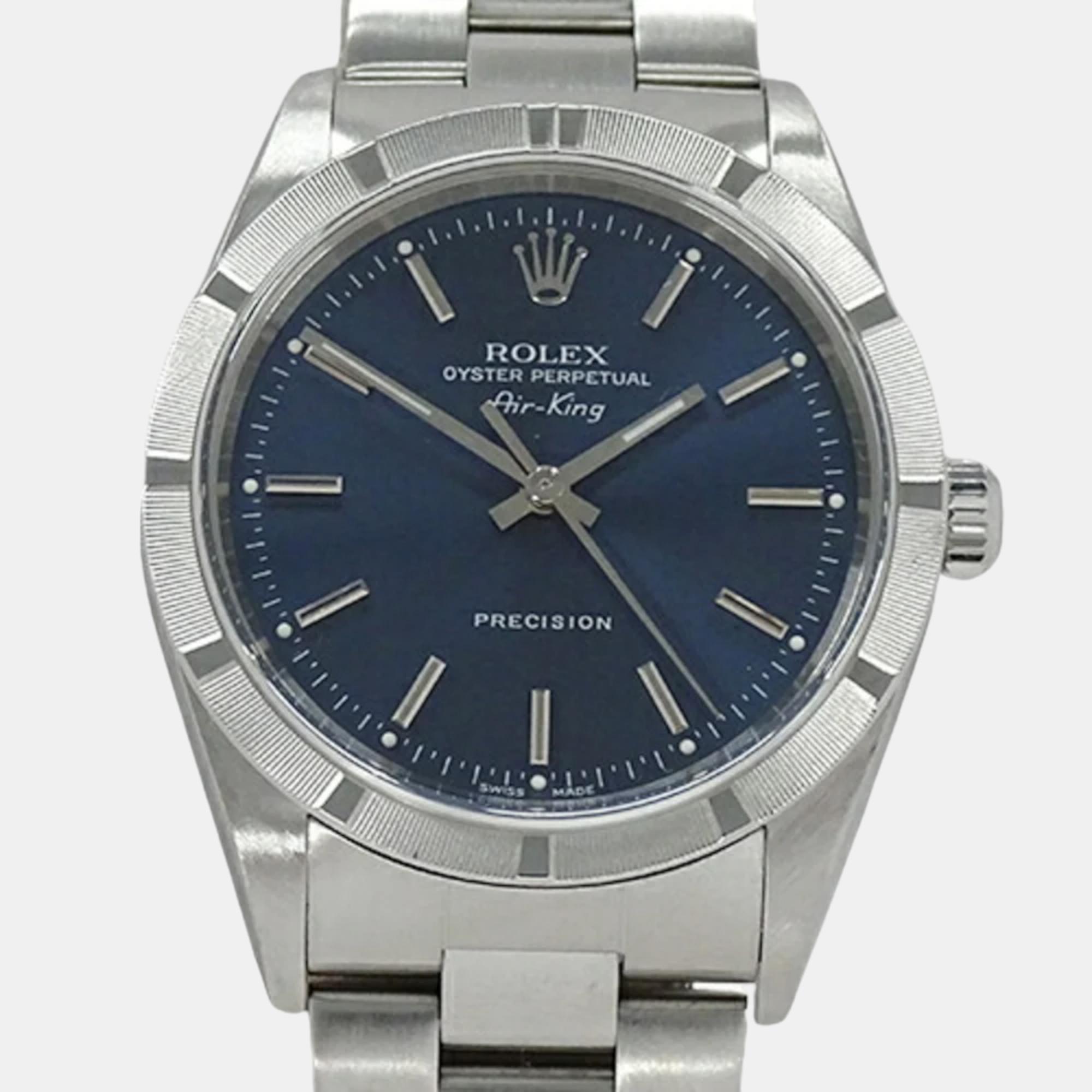 Rolex Blue Stainless Steel Air-King 14010 Automatic Men's Wristwatch 34 Mm