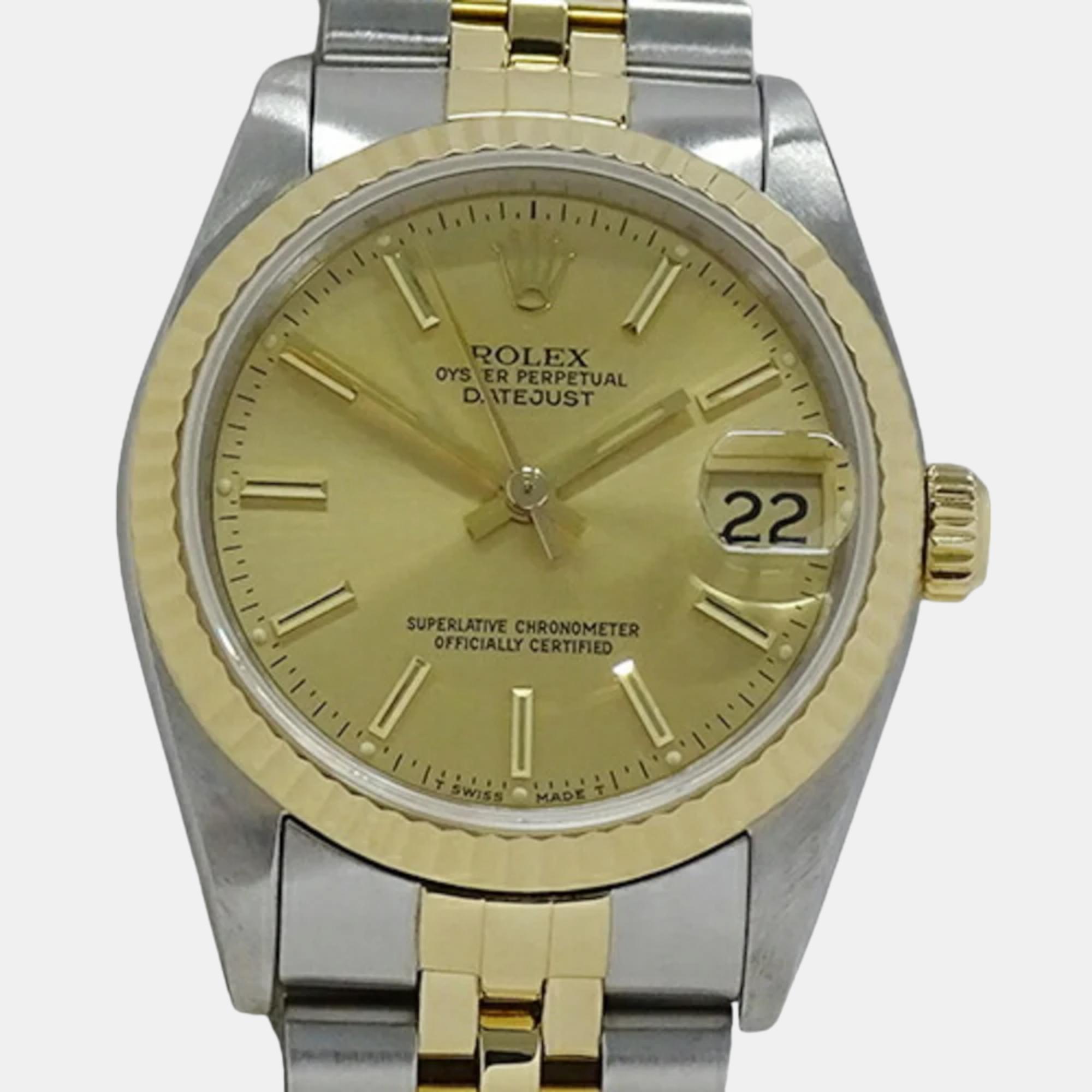 Rolex Chamoagne 18k Yellow Gold And Stainless Steel Datejust 68273 Automatic Men's Wristwatch 31 Mm