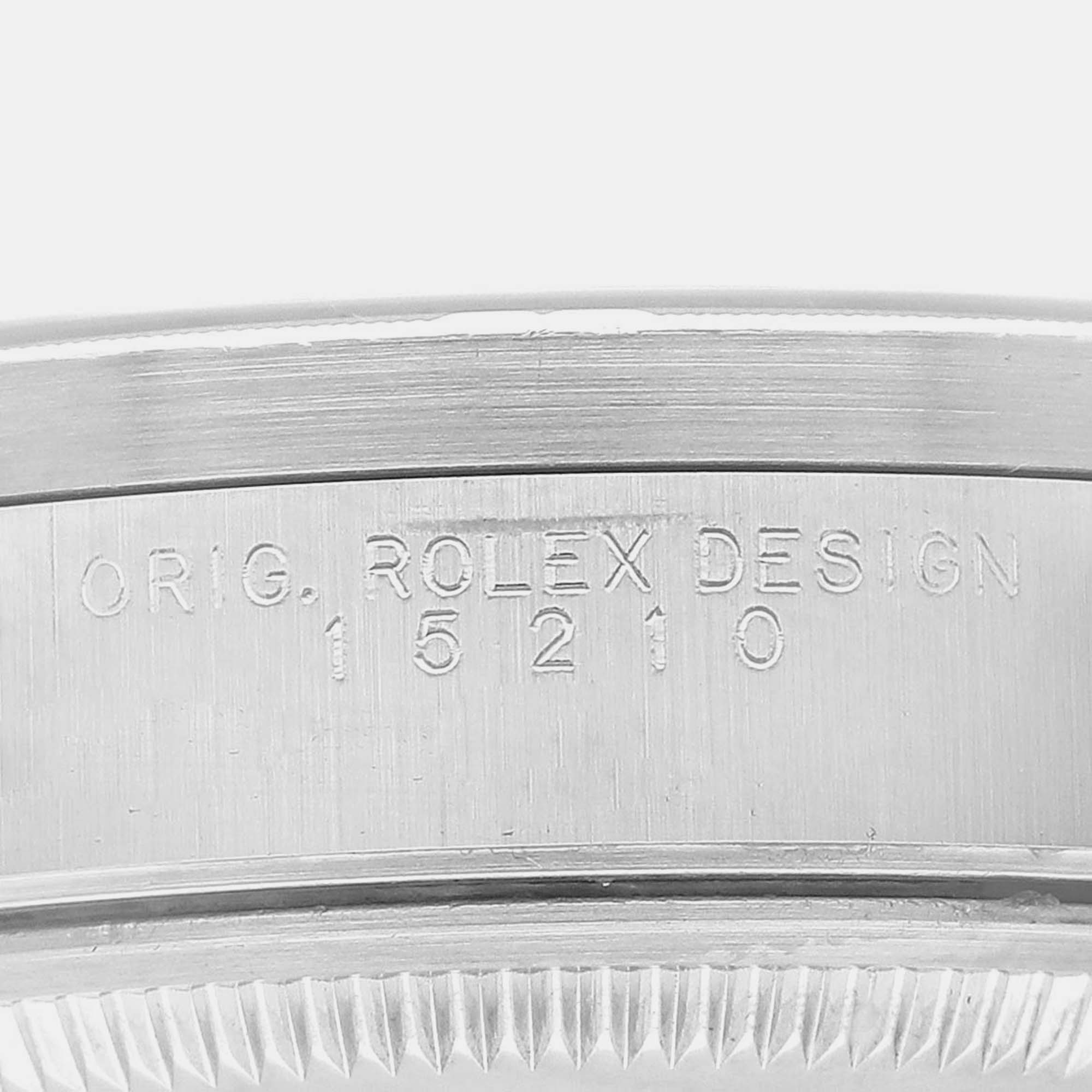Rolex Date Black Dial Engine Turned Bezel Steel Mens Watch 15210