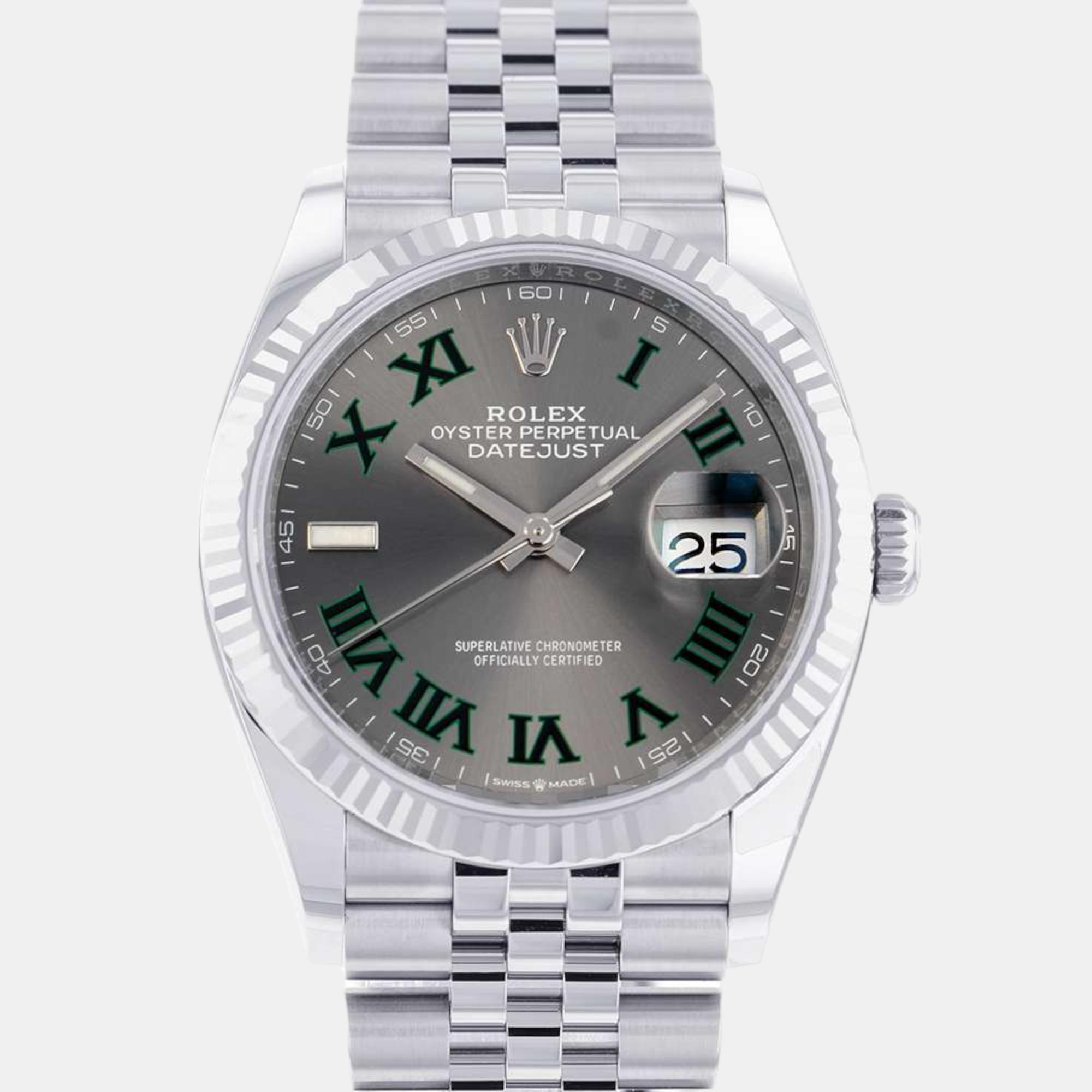 Rolex Grey 18k White Gold And Stainless Steel Datejust 126234 Automatic Men's Wristwatch 36 Mm