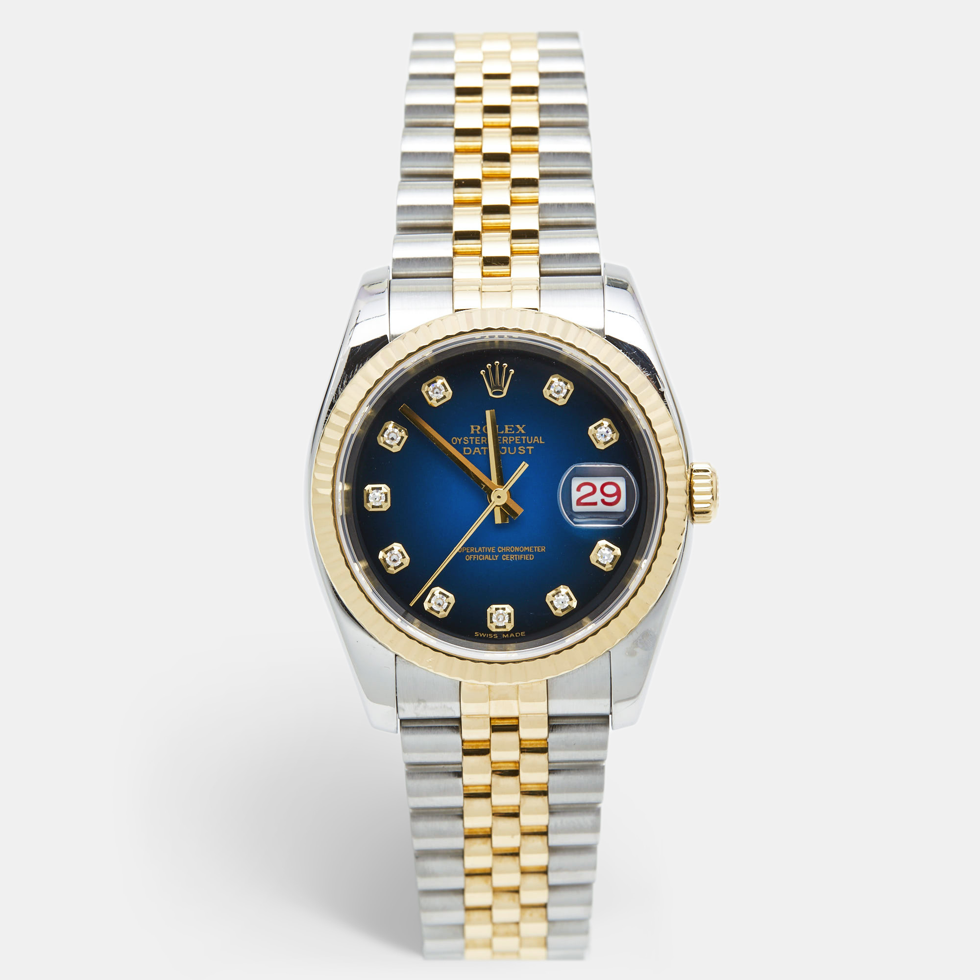 Rolex Blue Vignette 18K Yellow Gold Stainless Steel Diamond Datejust 116233 Men's Wristwatch 36 Mm