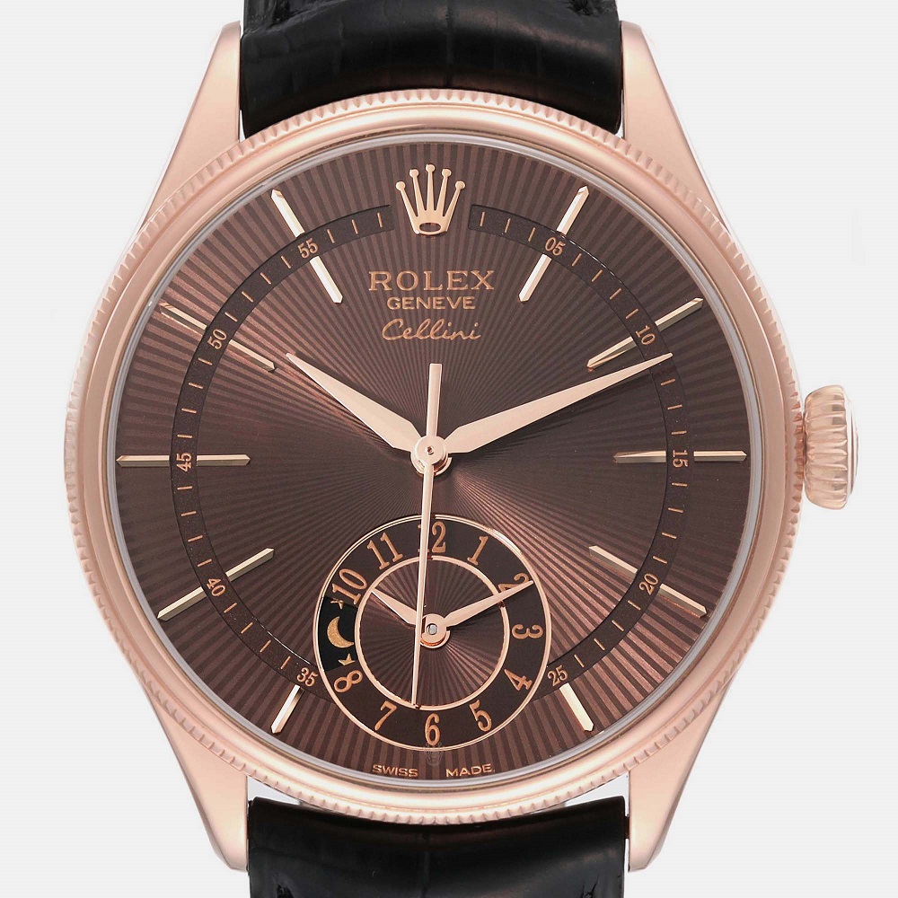 Rolex Cellini Dual Time Brown Dial Rose Gold Automatic Mens Watch 50525 39 Mm