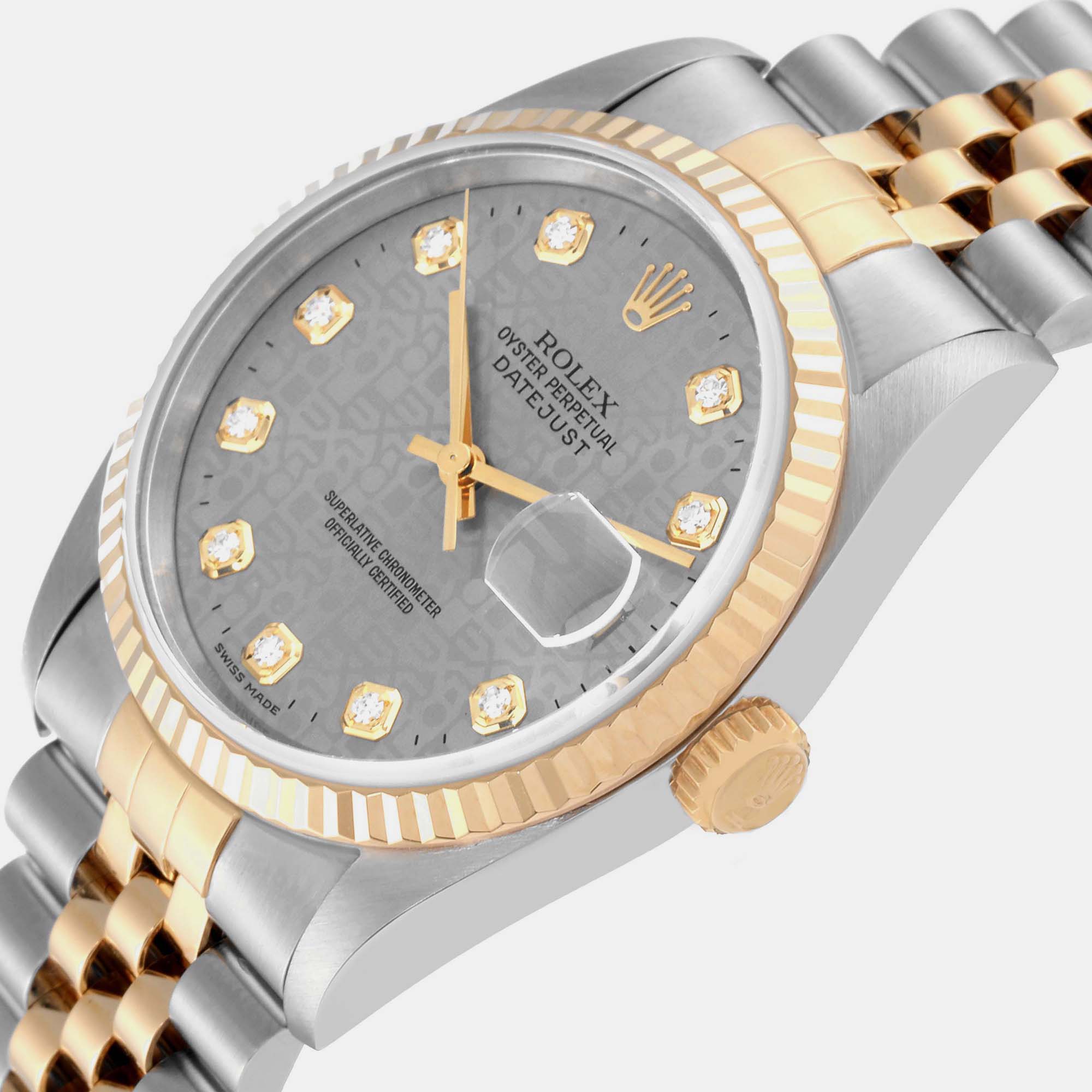 Rolex Datejust Steel Yellow Gold Diamond Anniversary Dial Mens Watch 16233
Rolex Datejust Steel Yellow Gold Diamond Anniversary Dial Mens Watch 16233