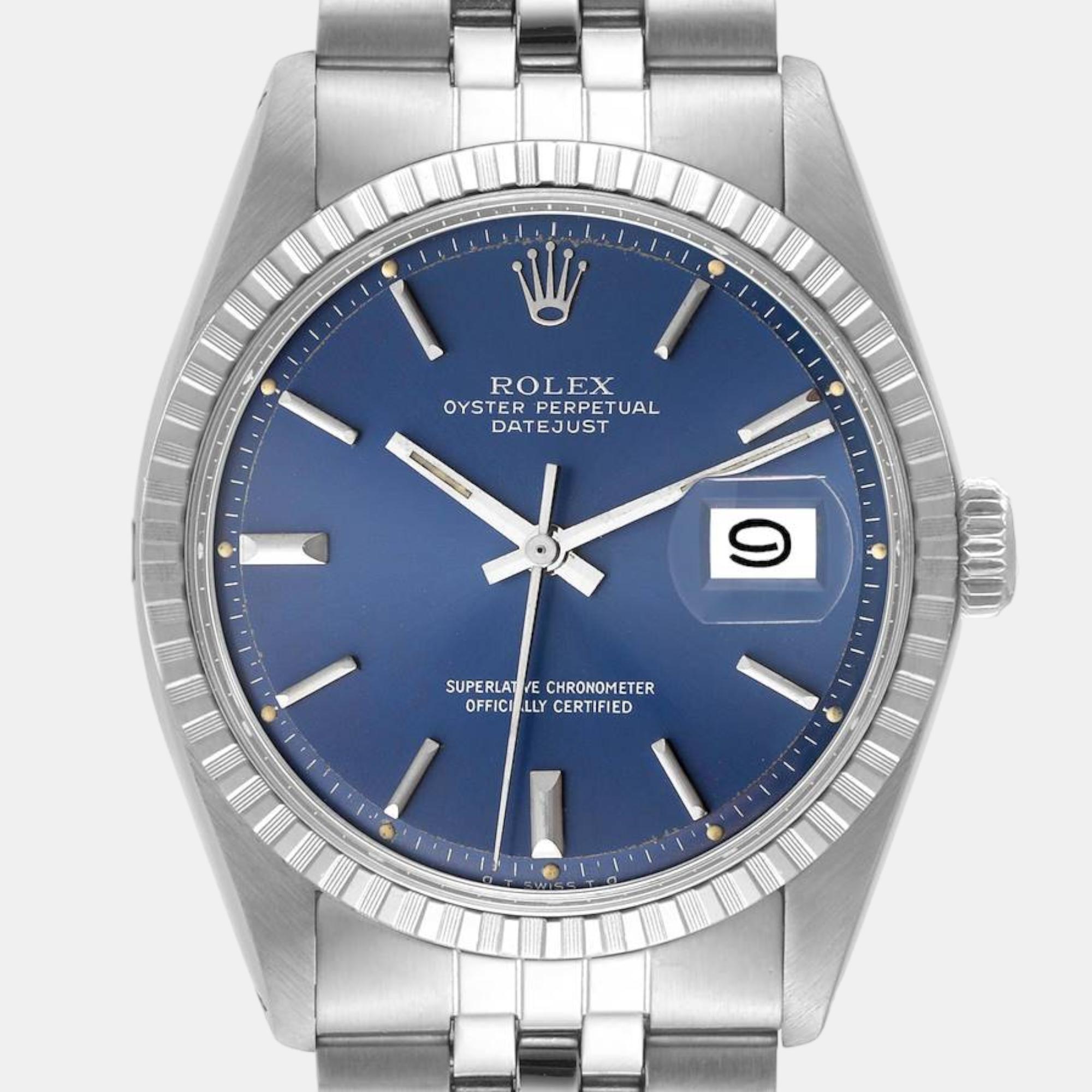 Rolex Datejust Blue Dial Engine Turned Bezel Vintage Steel Mens Watch 1603