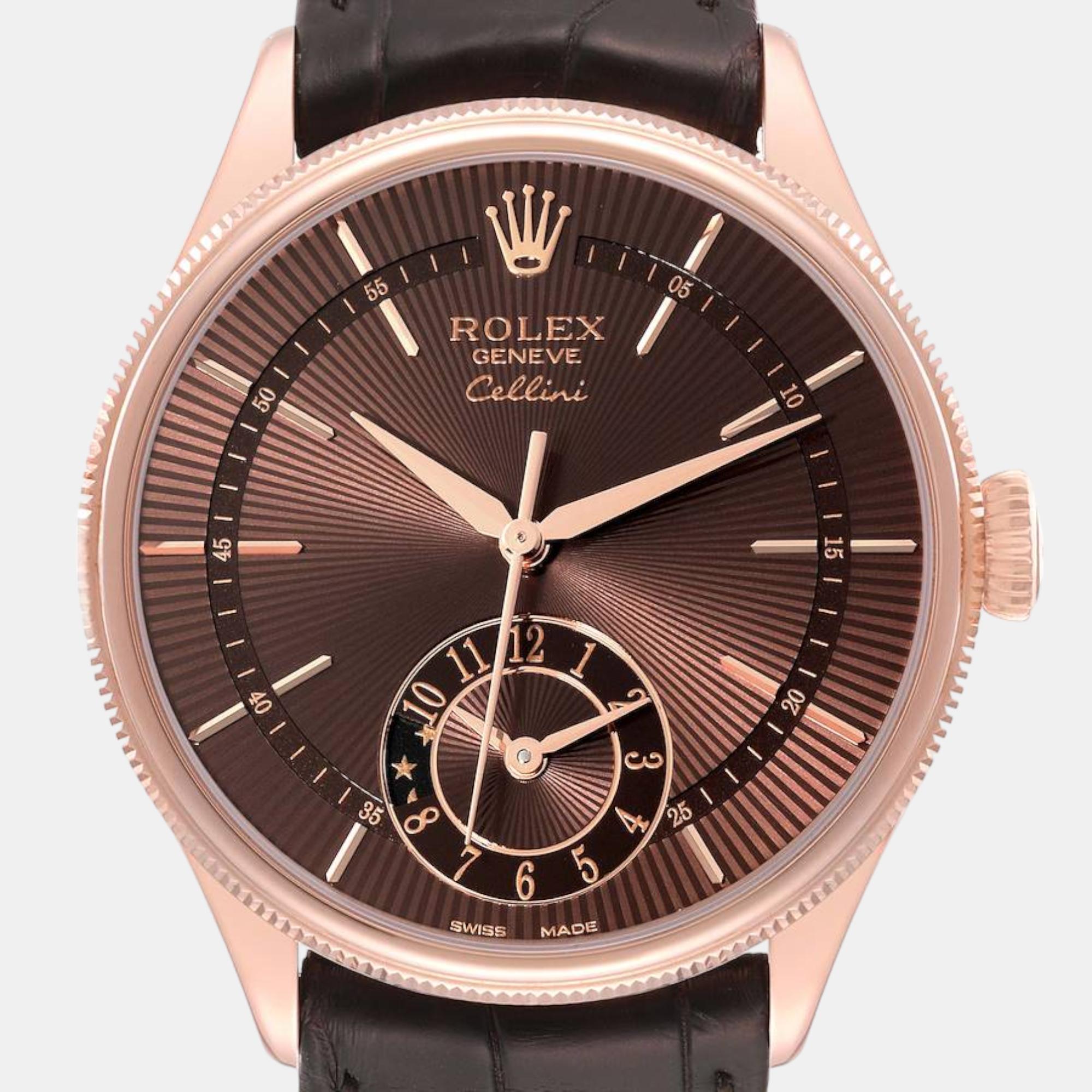 Rolex Cellini Dual Time Brown Dial Rose Gold Automatic Mens Watch 50525