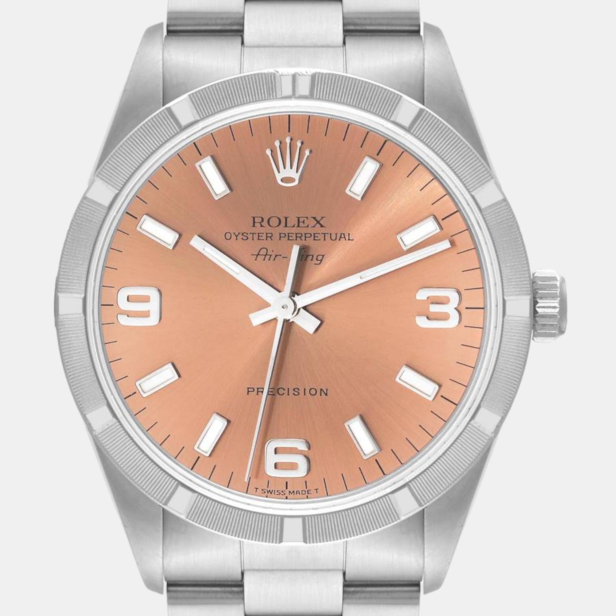Rolex Air King 34 Salmon Dial Engine Turned Bezel Steel Mens Watch 14010