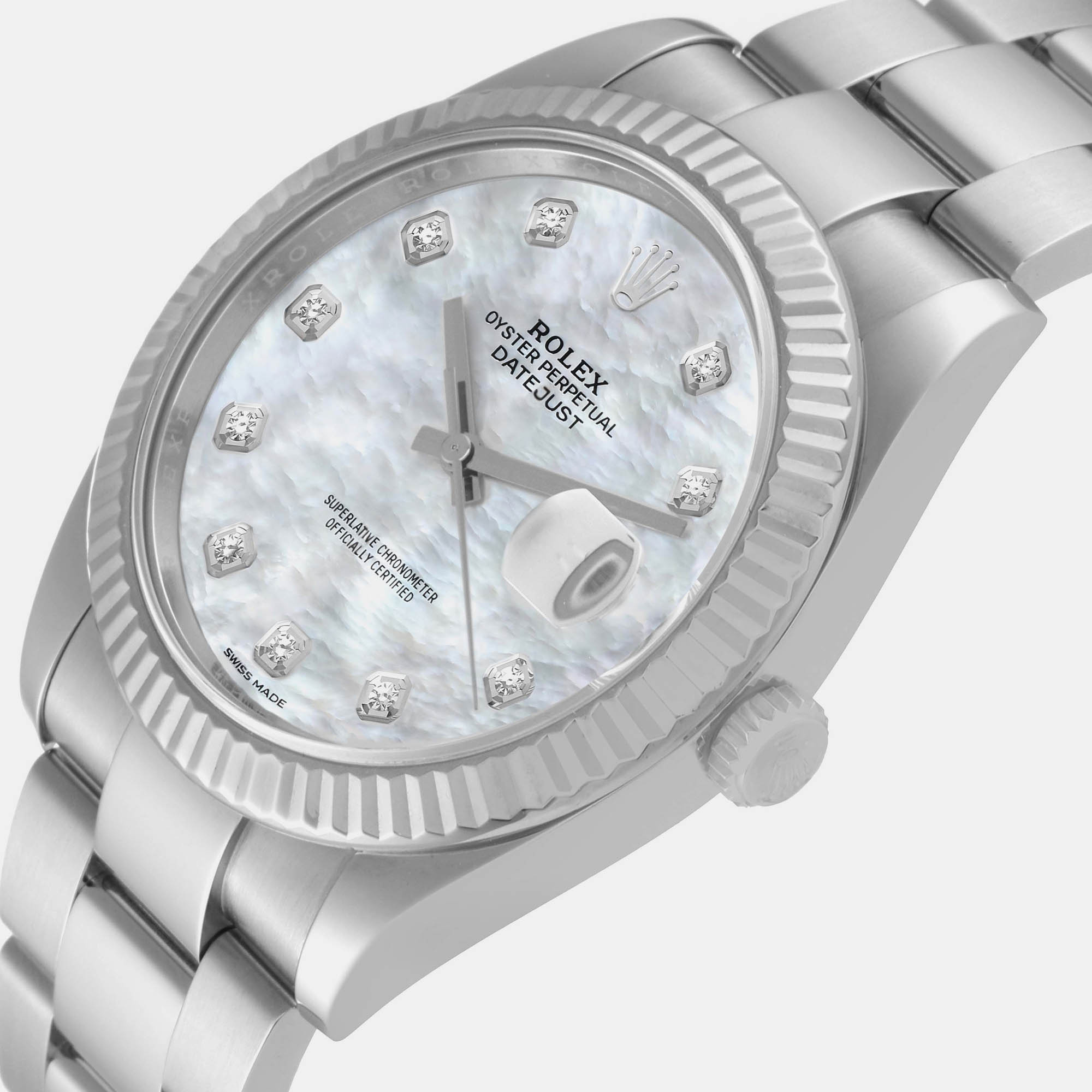 Rolex Datejust Steel White Gold Mother Of Pearl Diamond Dial Men's Watch 126334 41 mm, Silver
Rolex Datejust Steel White Gold Mother Of Pearl Diamond Dial Men's Watch 126334 41 mm, Silver
