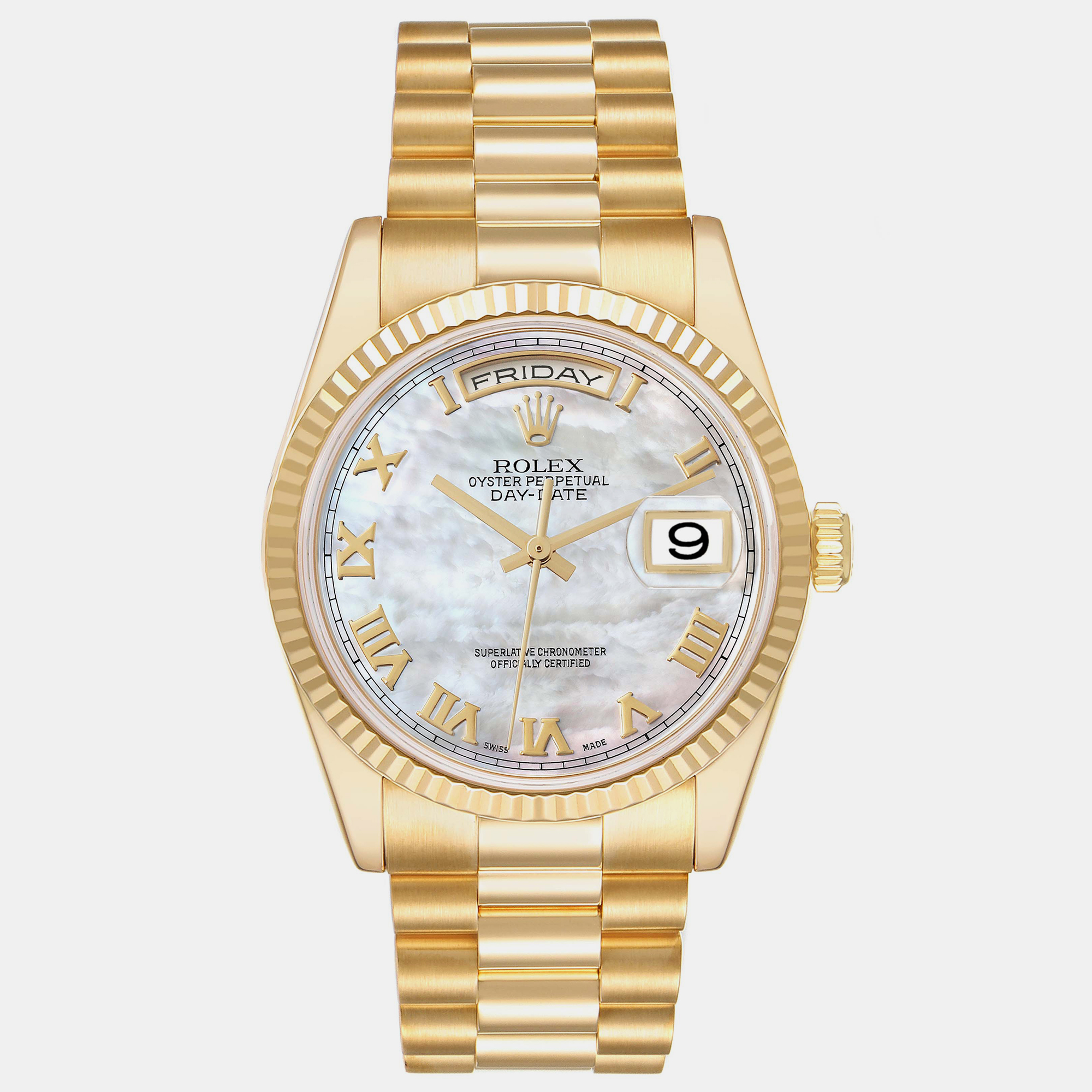 Rolex Day-Date President Yellow Gold Mother Of Pearl Dial Men's Watch 118238 36 Mm