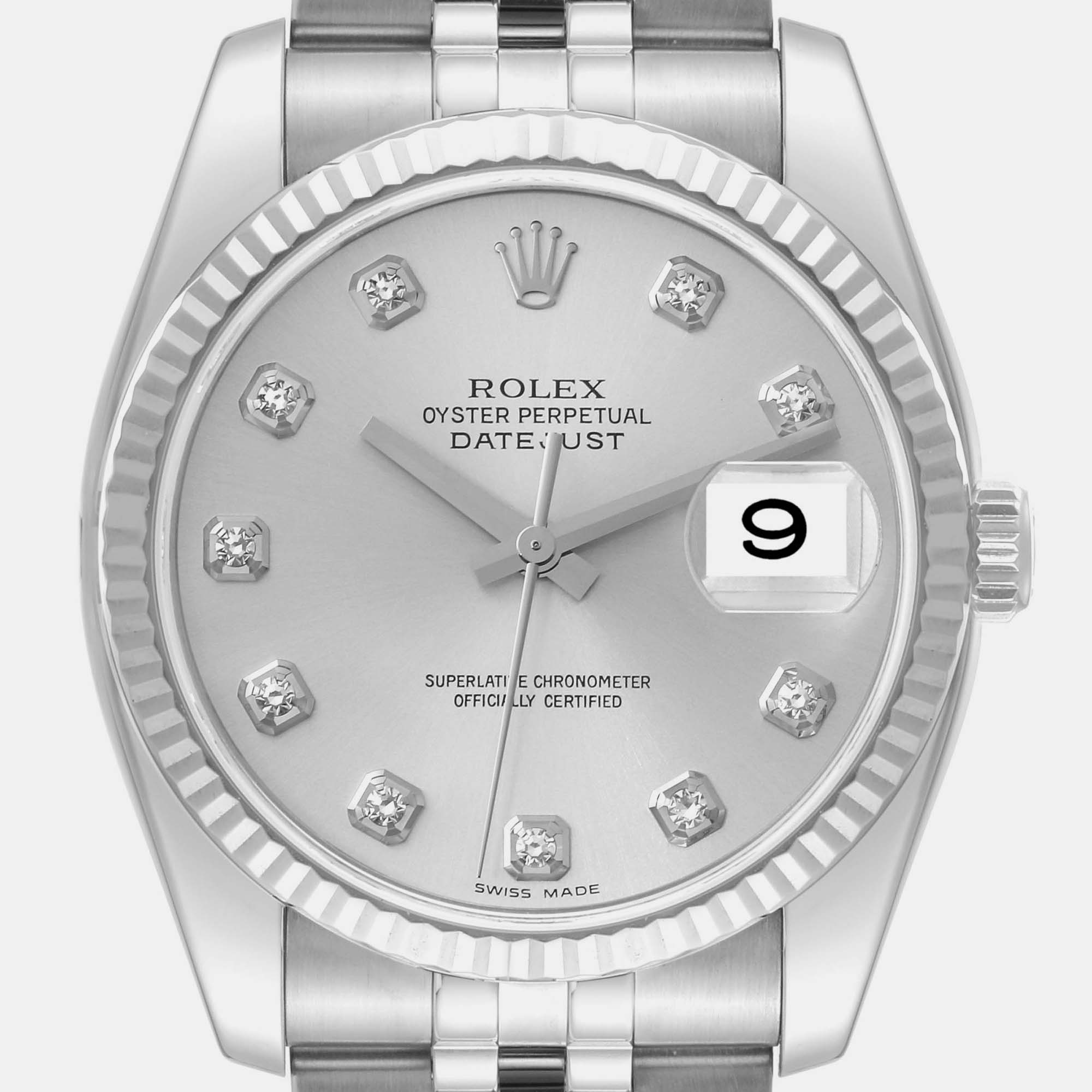 Rolex Datejust Steel White Gold Silver Diamond Dial Mens Watch 116234 36 Mm