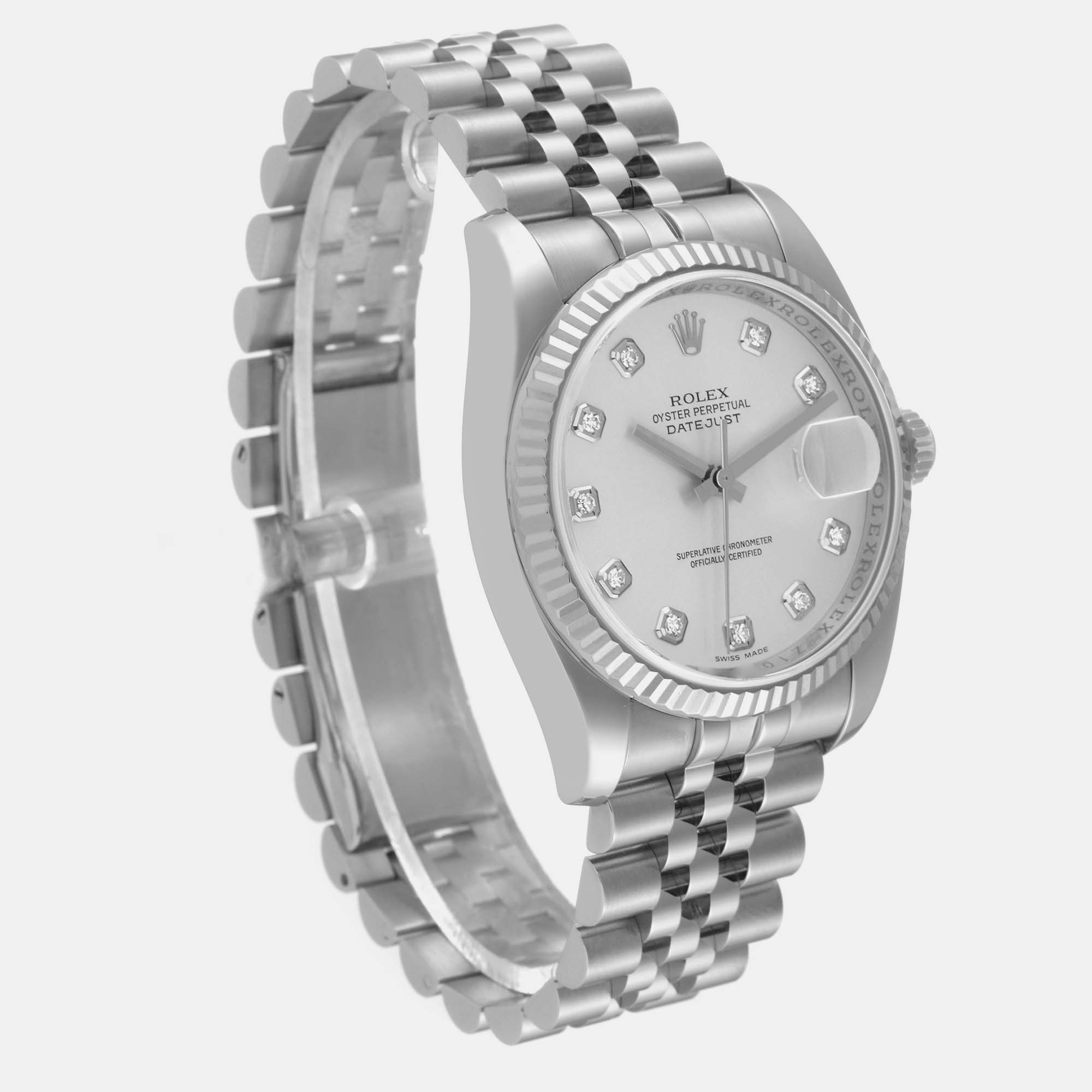 Rolex Datejust Steel White Gold Silver Diamond Dial Mens Watch 116234 36 Mm