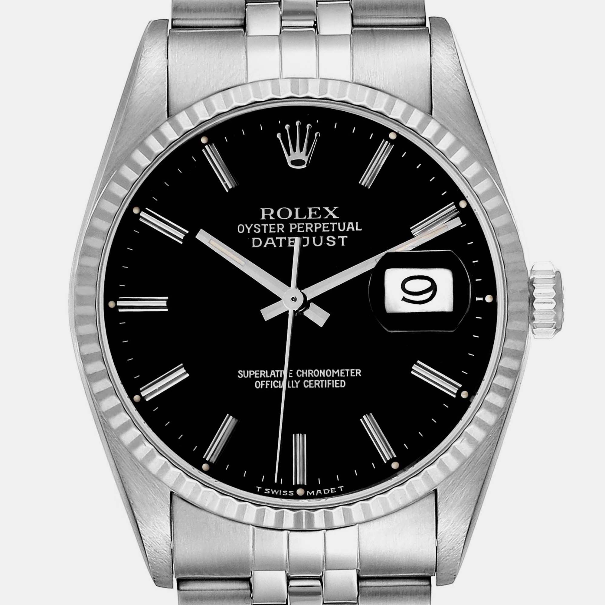 Rolex Datejust Steel White Gold Black Dial Mens Watch 16234 36 Mm