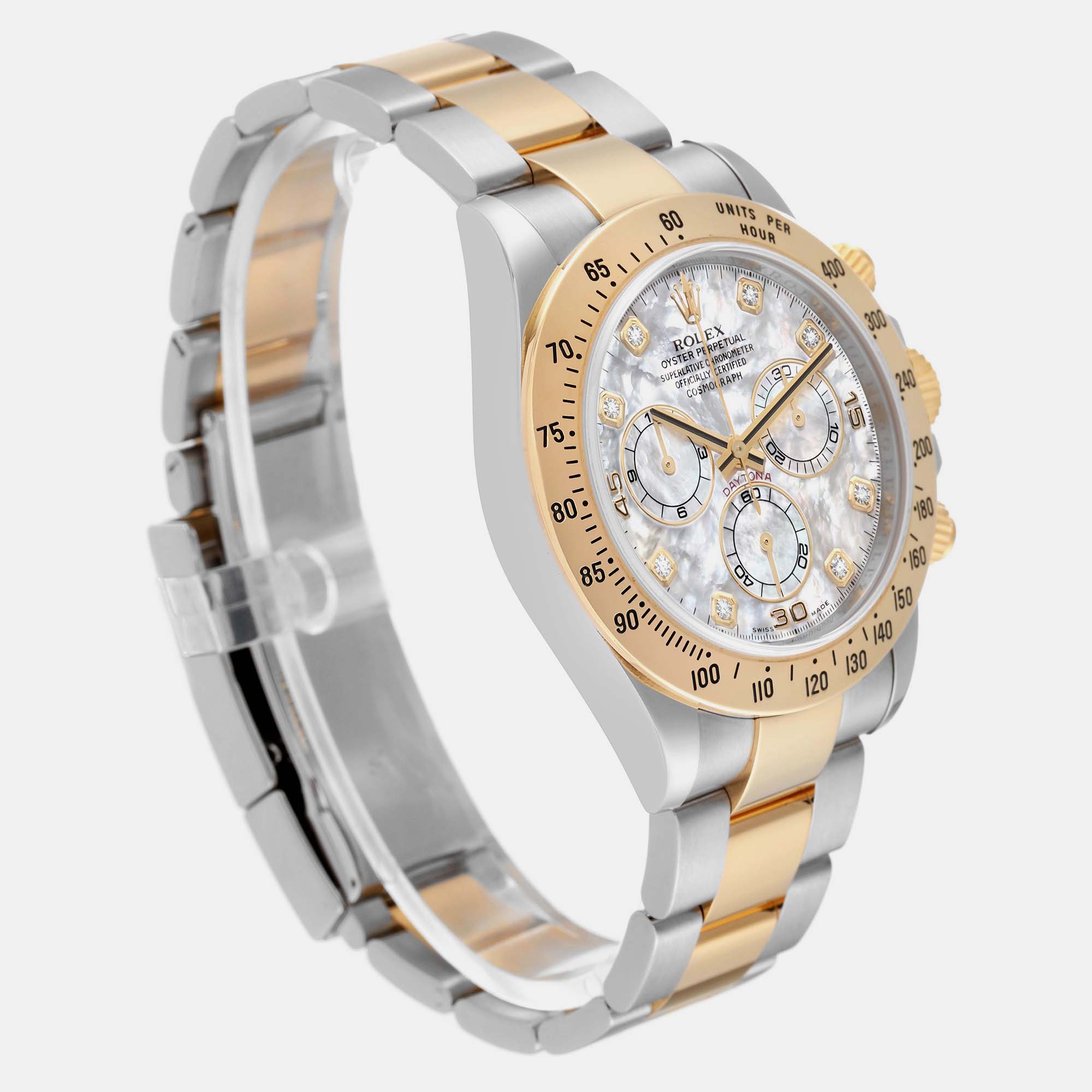 Rolex Daytona Yellow Gold Steel Mother Of Pearl Diamond Mens Watch 116523 40 Mm