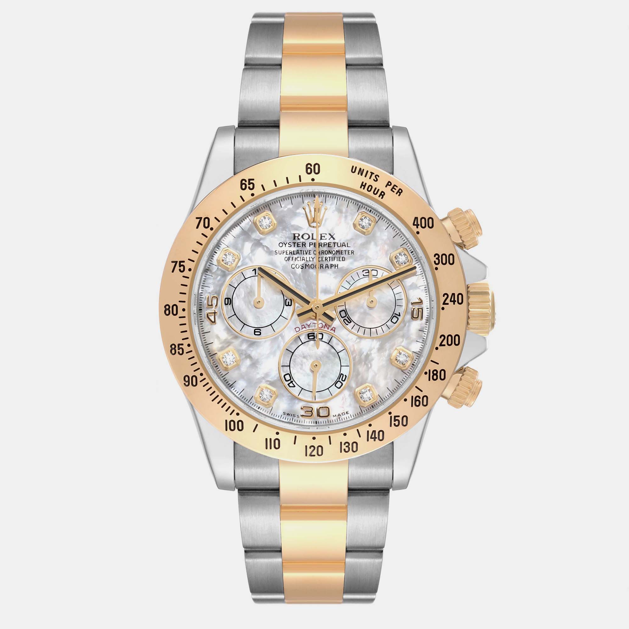 Rolex Daytona Yellow Gold Steel Mother Of Pearl Diamond Mens Watch 116523 40 Mm