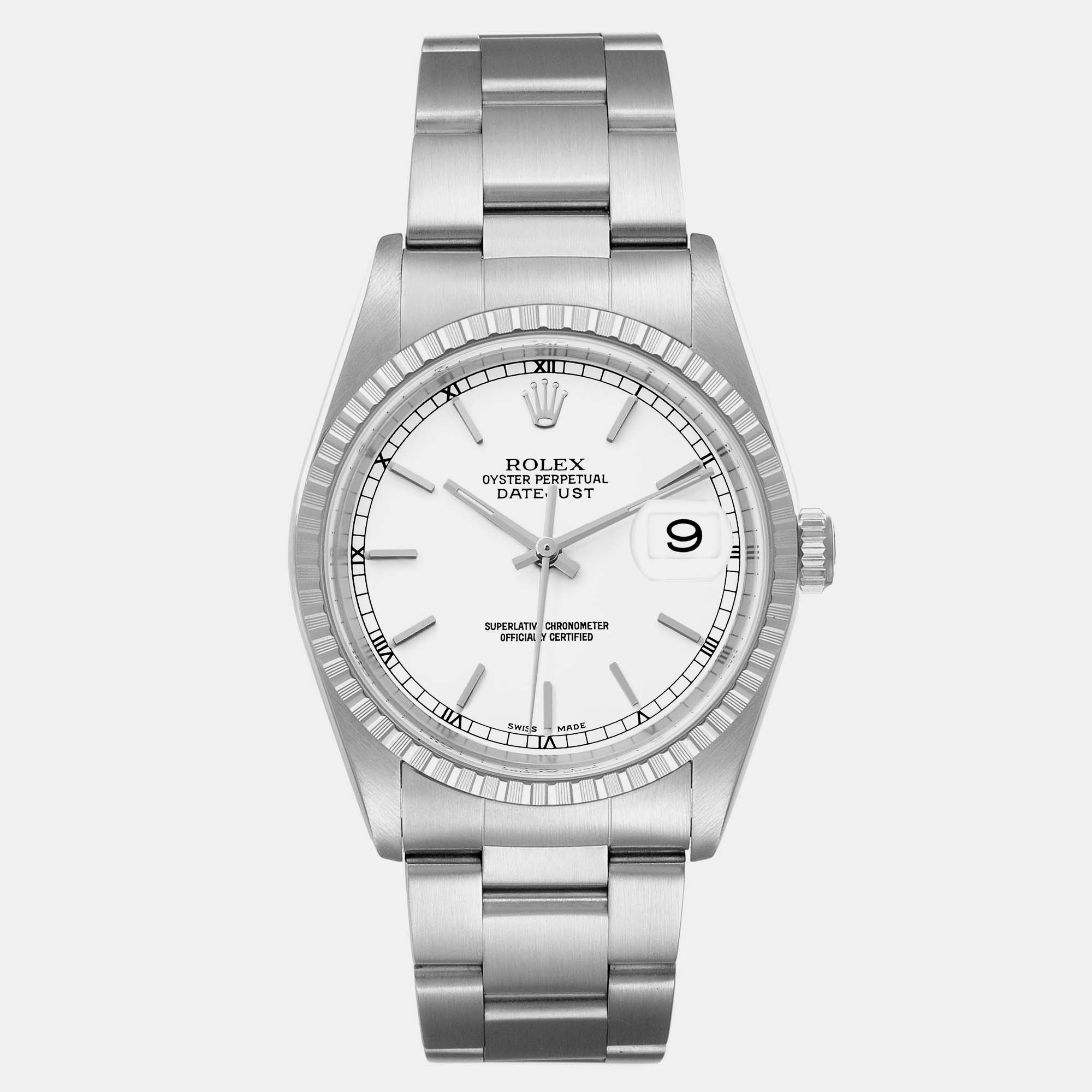 Rolex datejust white dial engine turned bezel steel mens watch 16220 36 mm