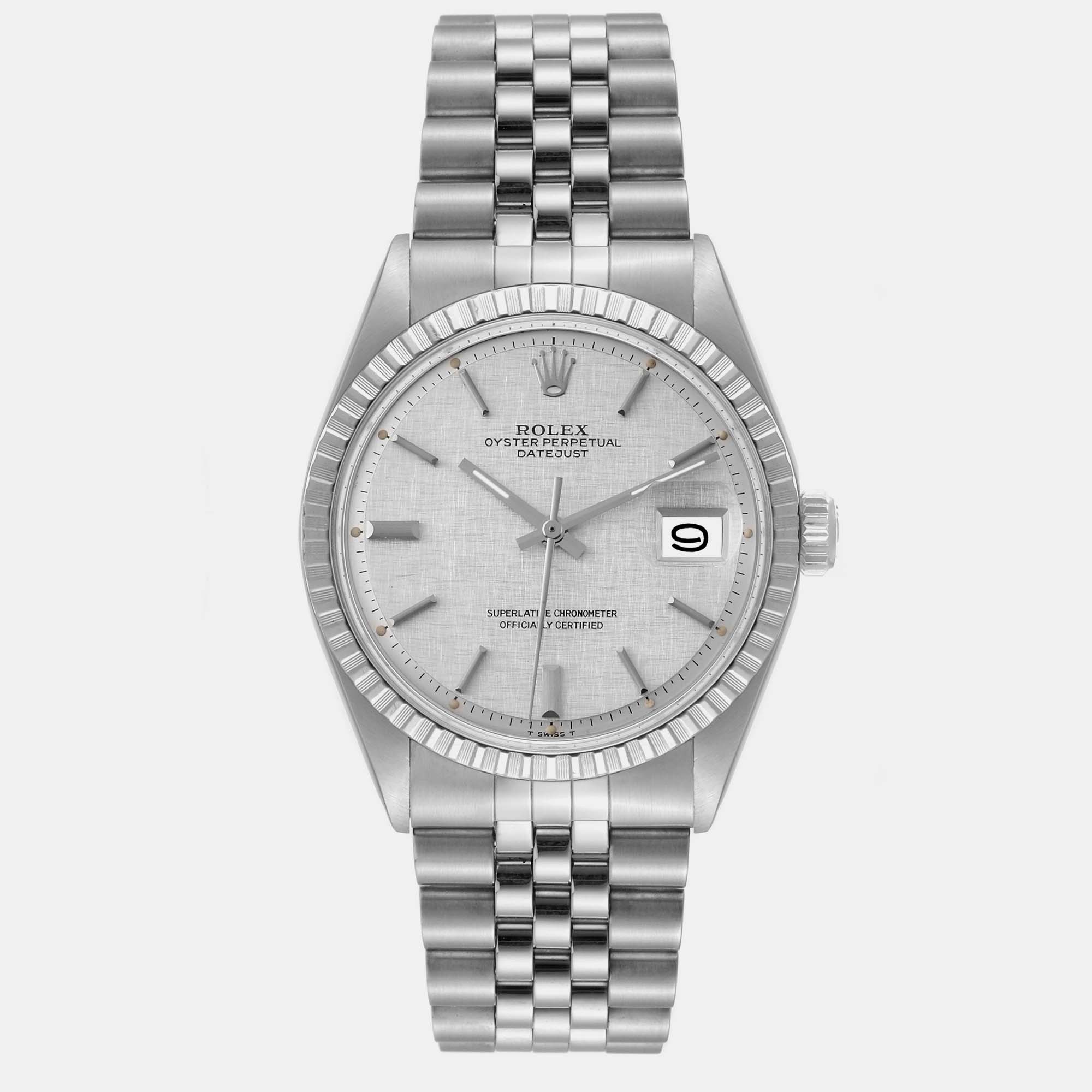 Rolex Datejust Silver Linen Dial Vintage Steel Men's Watch 1603 36 Mm