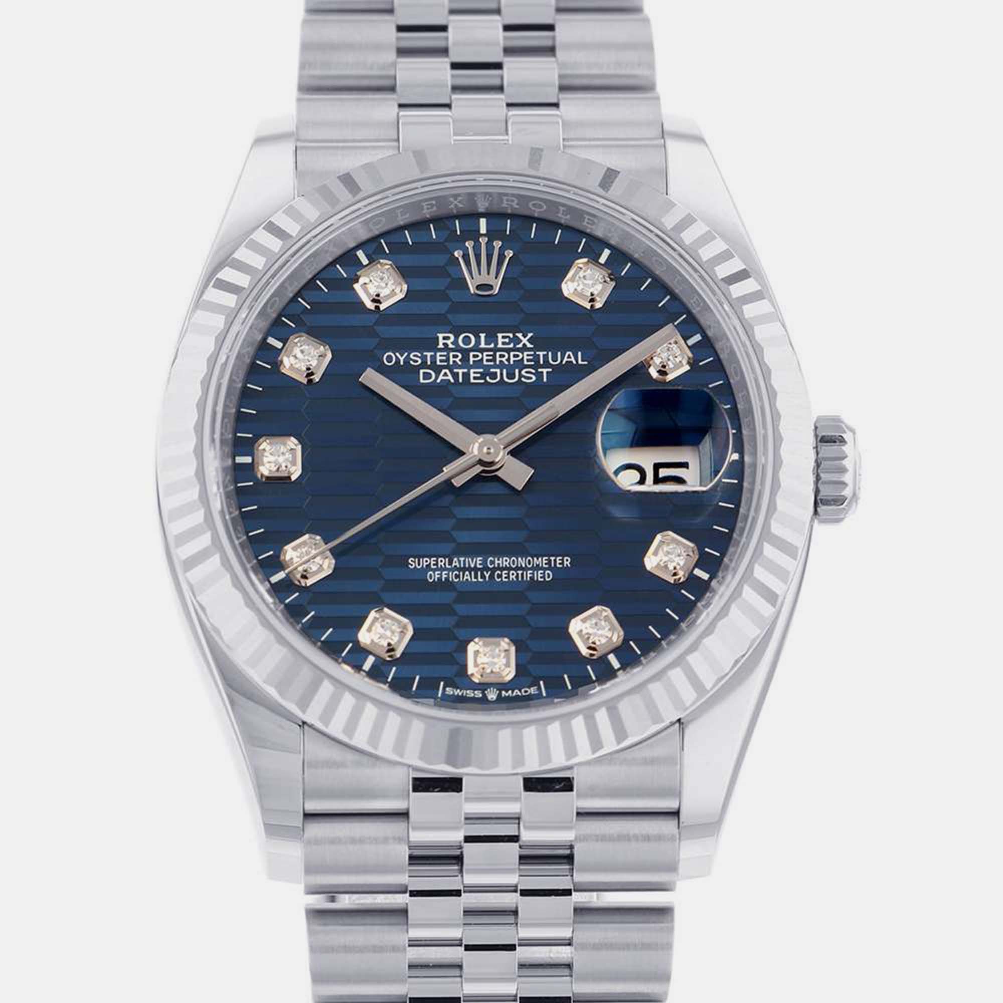 Rolex Blue Diamond Stainless Steel Datejust 126234 Automatic Men's Wristwatch 36 Mm