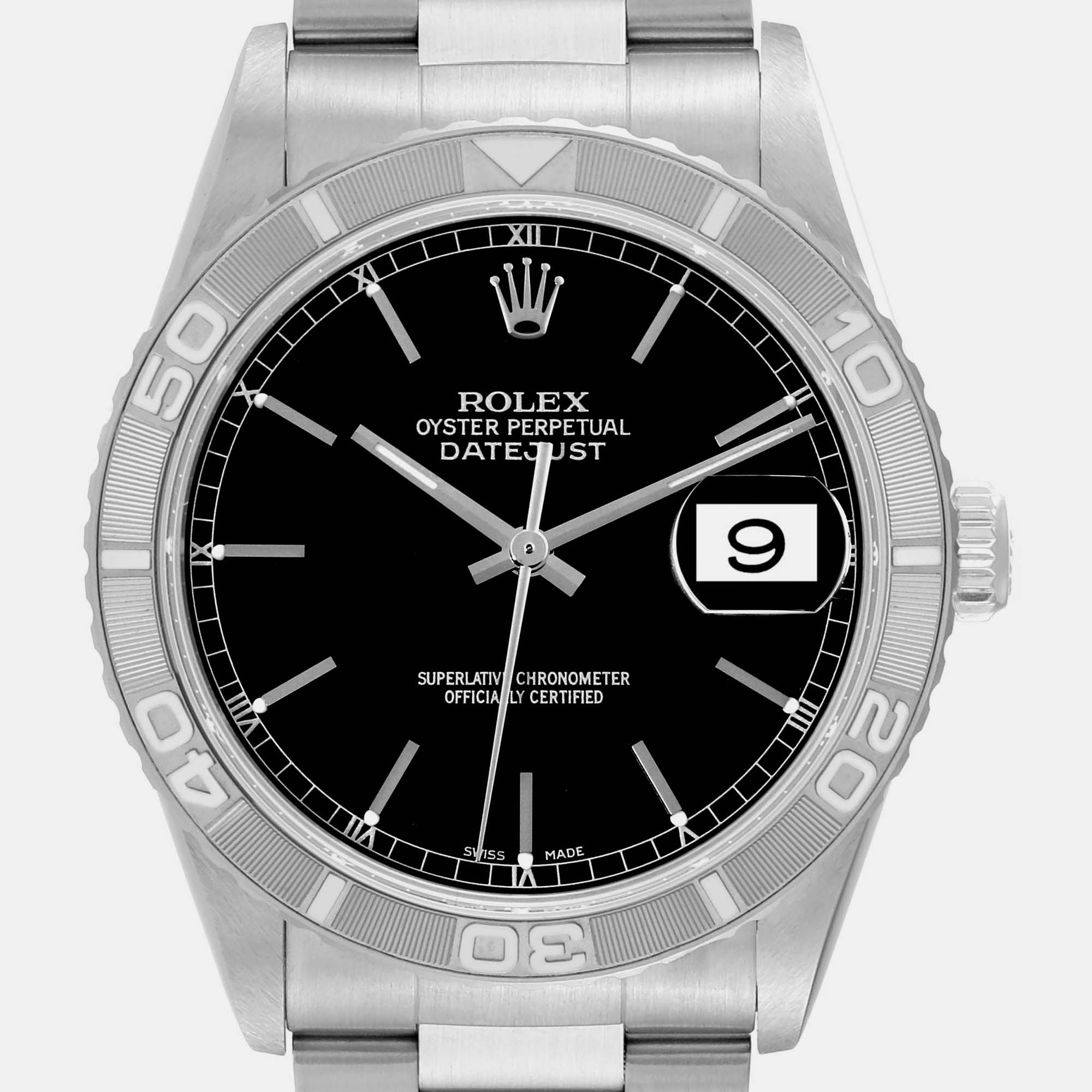 Rolex Datejust Turnograph Steel White Gold Black Dial Mens Watch 16264