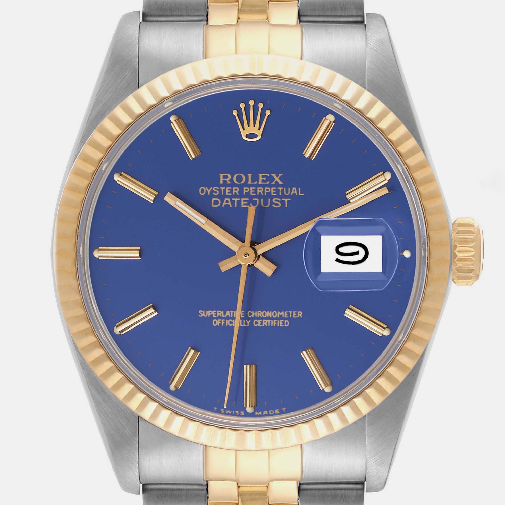 Rolex Datejust Steel Yellow Gold Blue Dial Vintage Mens Watch 16013 36 Mm