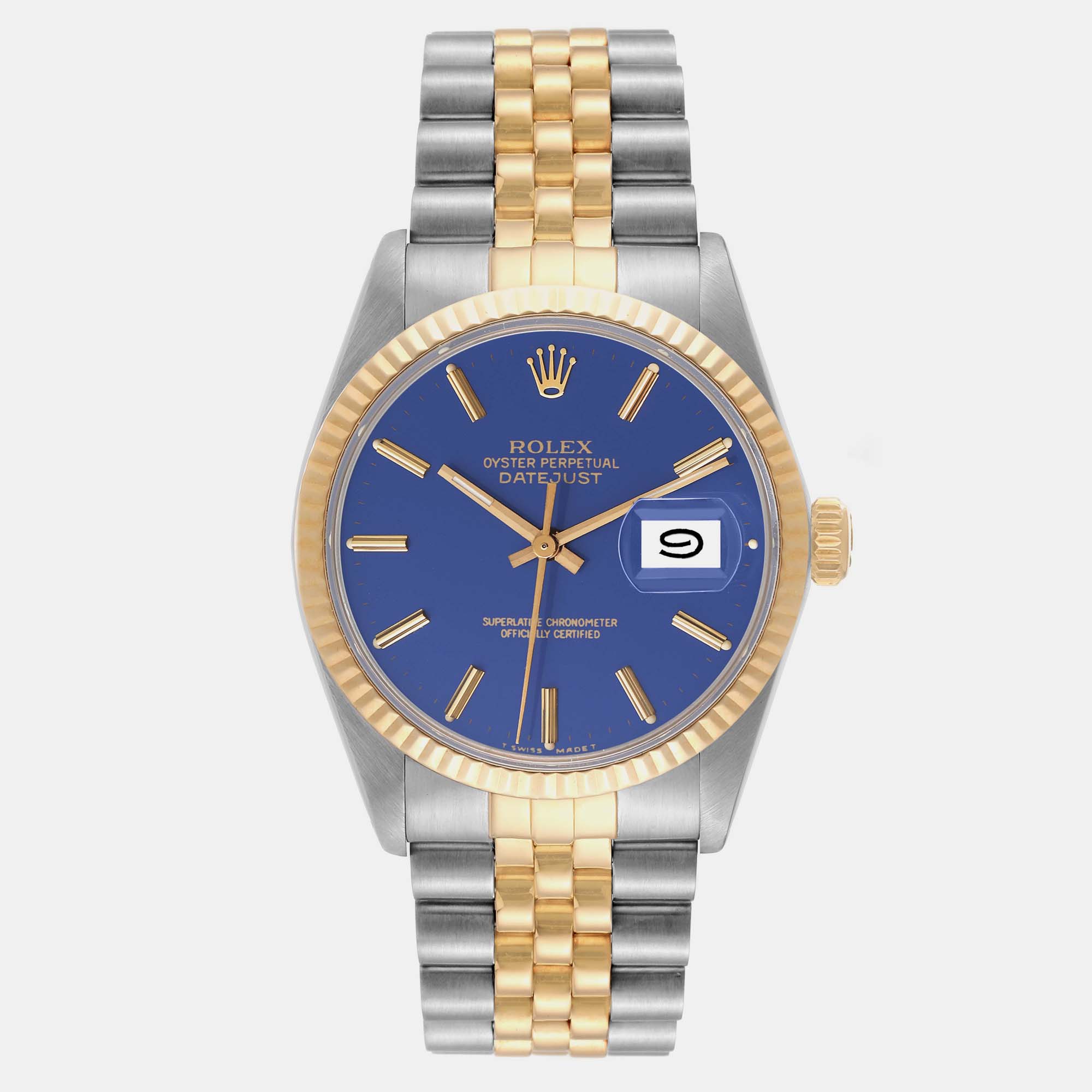 Rolex Datejust Steel Yellow Gold Blue Dial Vintage Mens Watch 16013 36 Mm