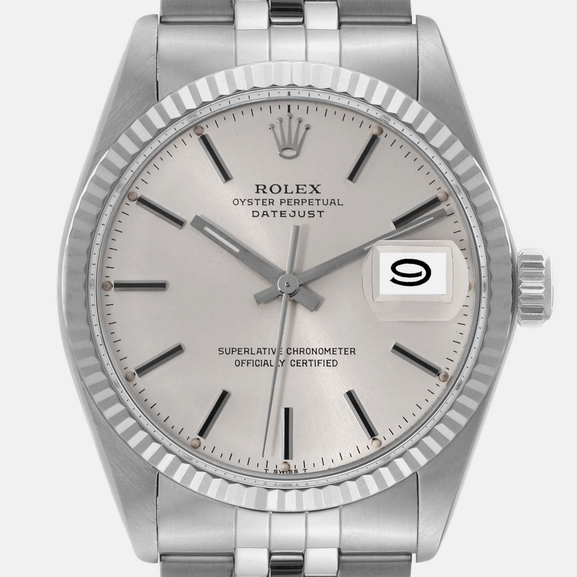 Rolex Datejust Steel White Gold Silver Dial Vintage Men's Watch 16014 36 Mm