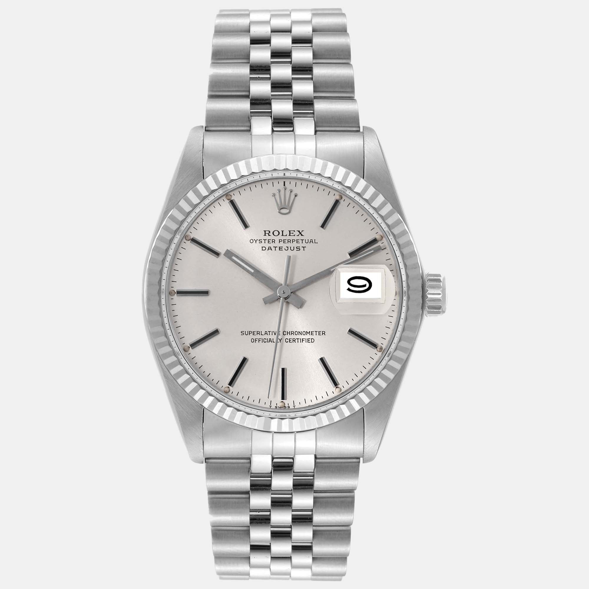 Rolex Datejust Steel White Gold Silver Dial Vintage Men's Watch 16014 36 Mm