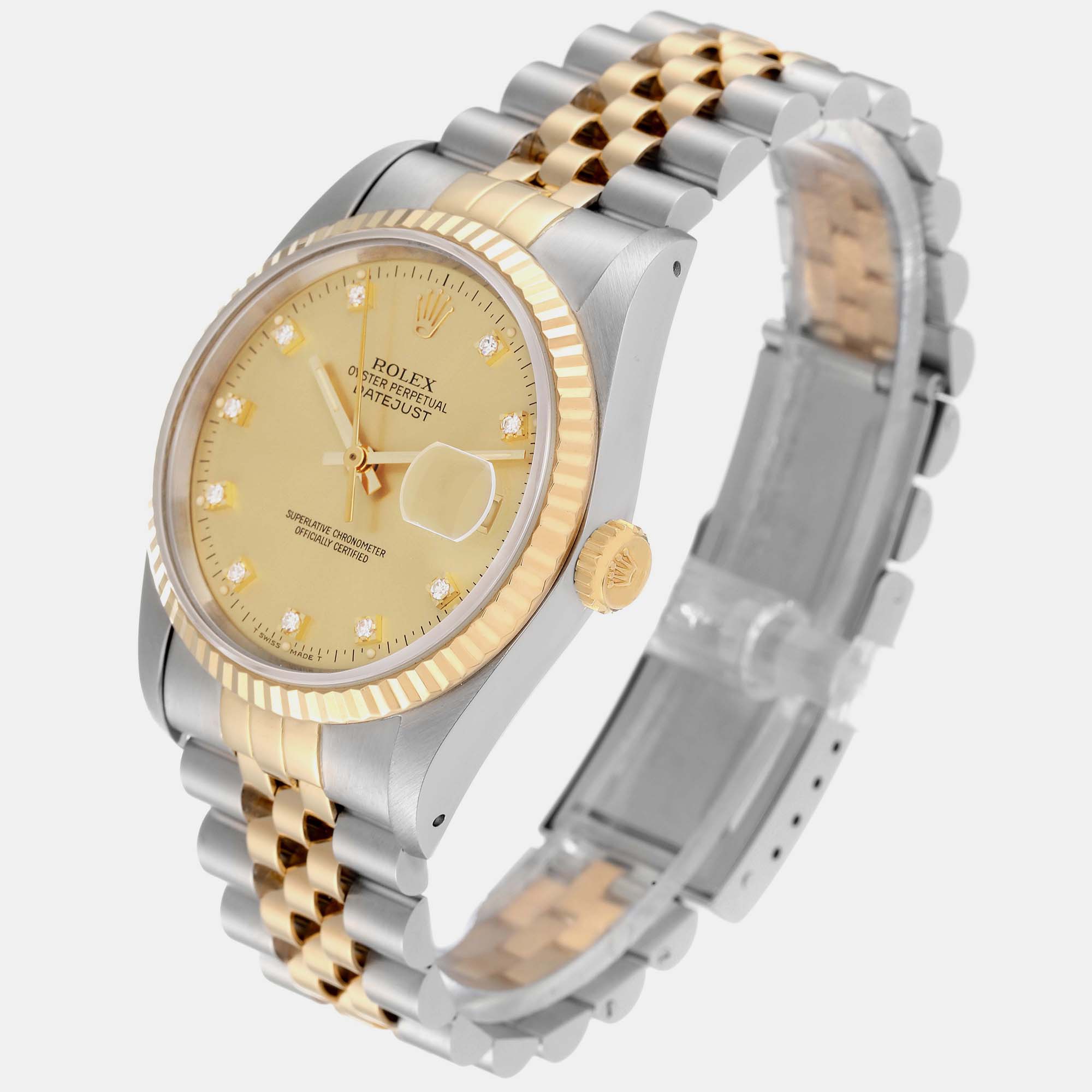 Rolex Datejust Champagne Diamond Dial Steel Yellow Gold Men's Watch 16233 36 Mm