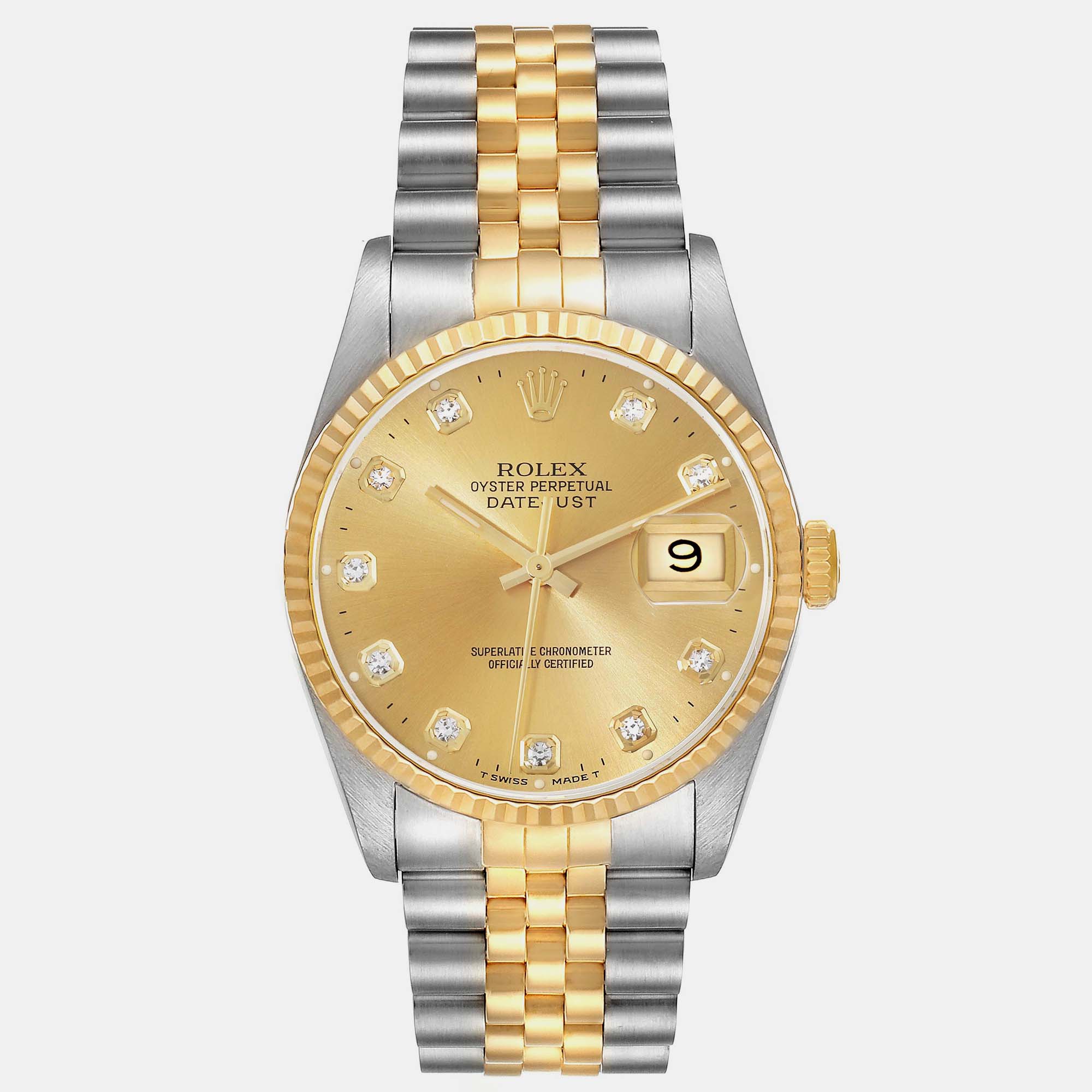 Rolex Datejust Champagne Diamond Dial Steel Yellow Gold Mens Watch 16233
