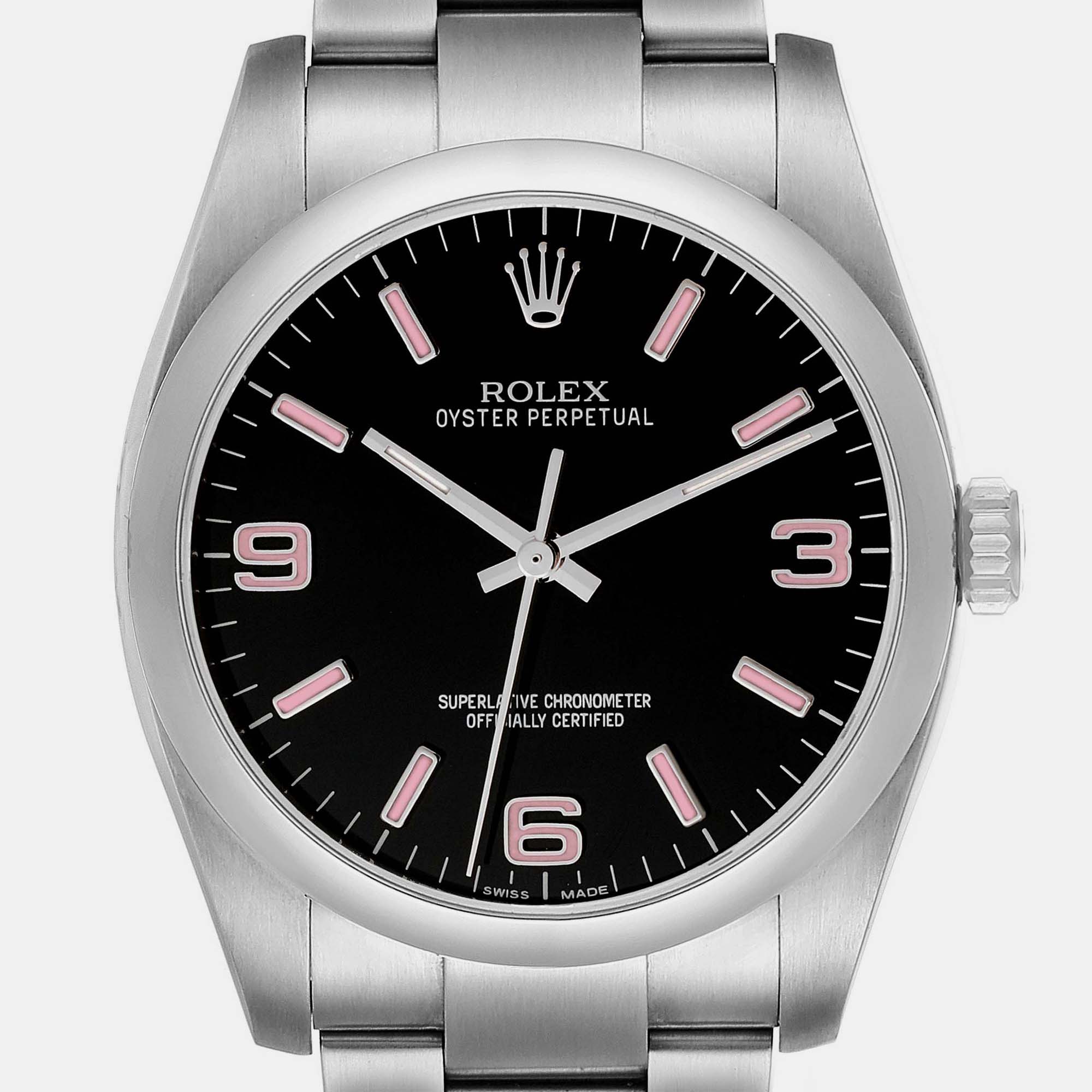 Rolex Oyster Perpetual 36 Pink Baton Black Dial Steel Mens Watch 116000