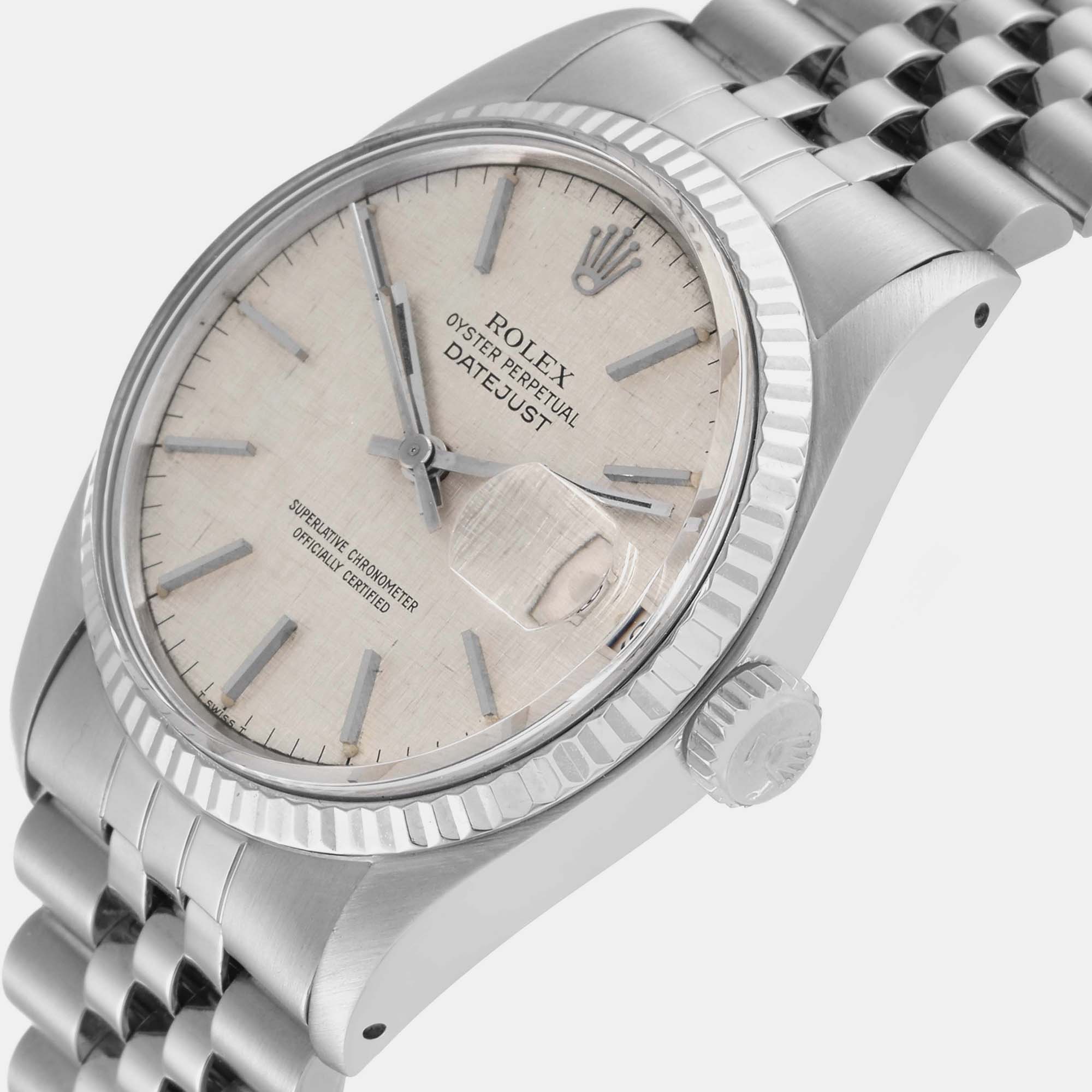 Rolex Datejust Steel White Gold Silver Linen Dial Vintage Mens Watch 16014, Beige
Rolex Datejust Steel White Gold Silver Linen Dial Vintage Mens Watch 16014, Beige
