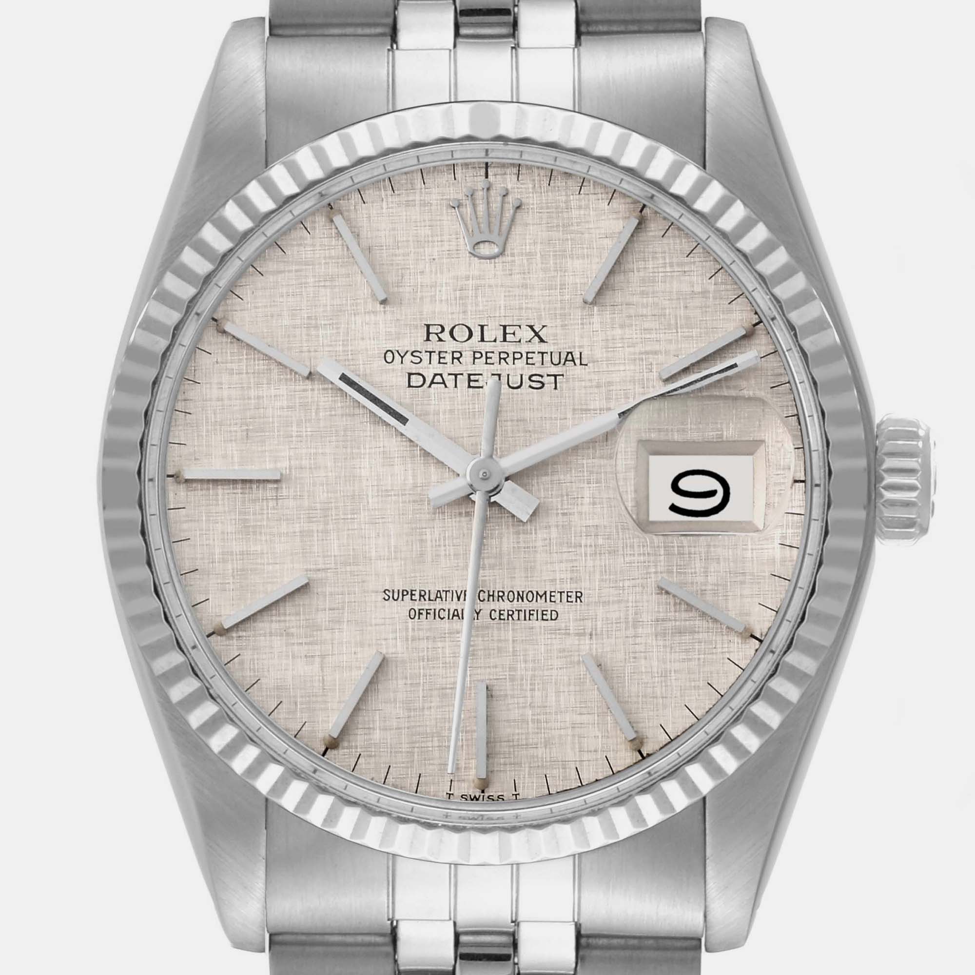 Rolex Datejust Steel White Gold Silver Linen Dial Vintage Mens Watch 16014