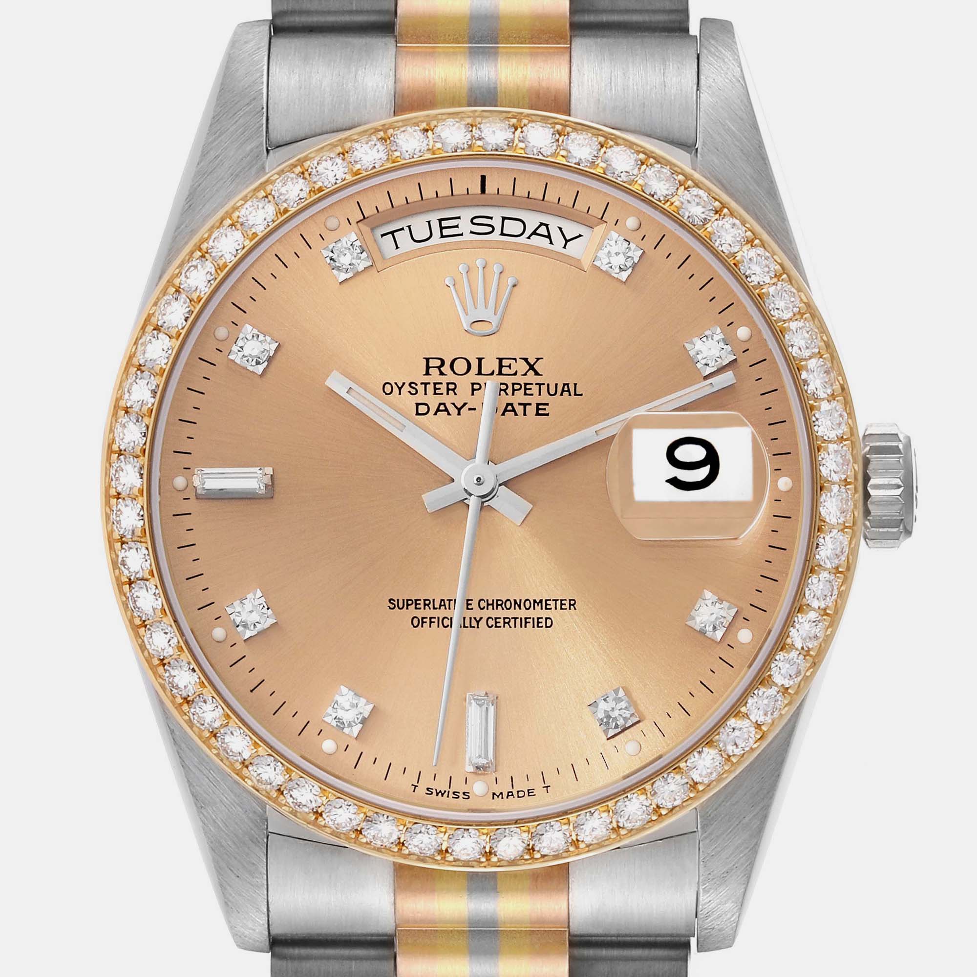 Rolex President Day-Date Tridor White Yellow Rose Gold Diamond Mens Watch 18349