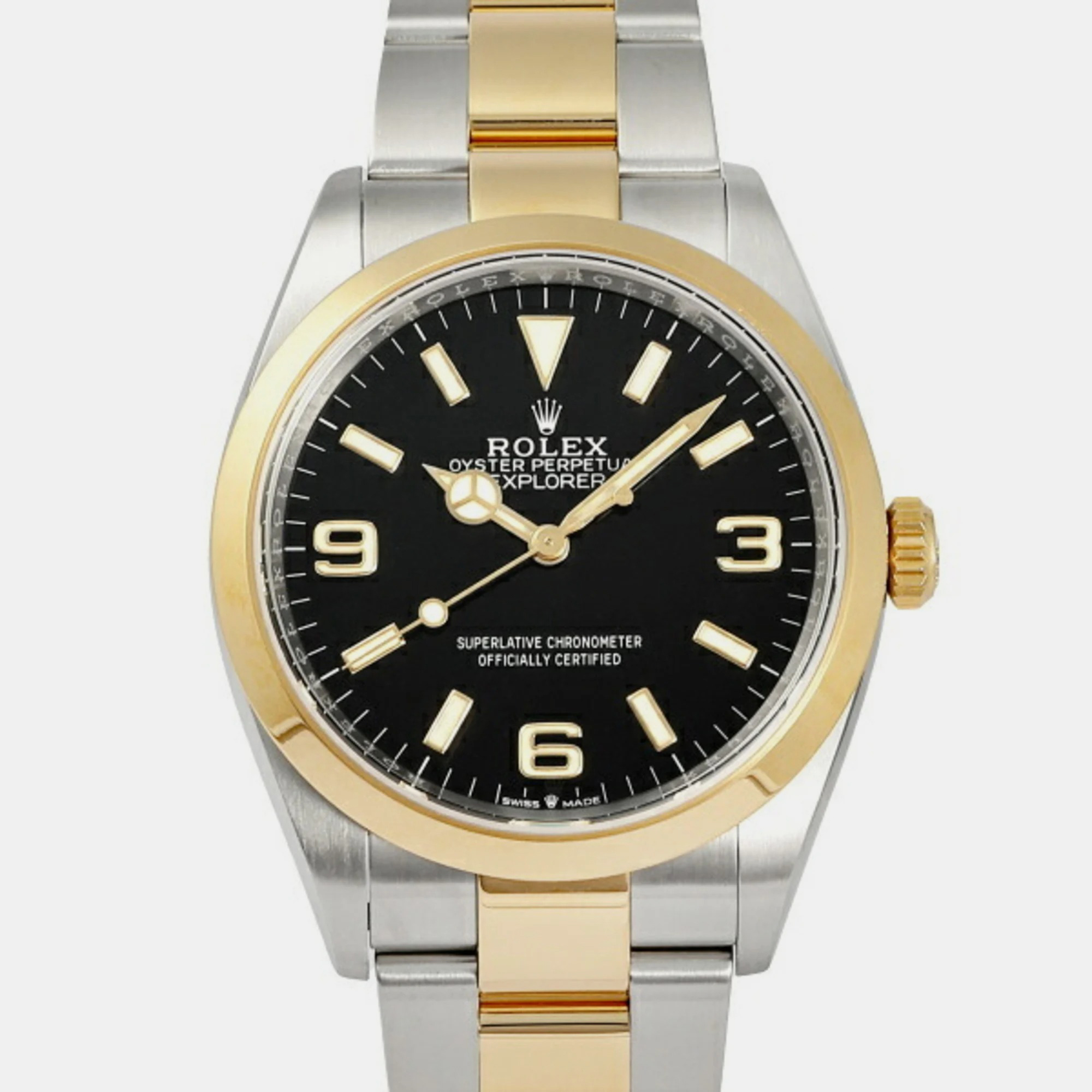 Rolex black 18k yellow gold and stainless steel explorer 124273 automatic men's wristwatch 36 mm