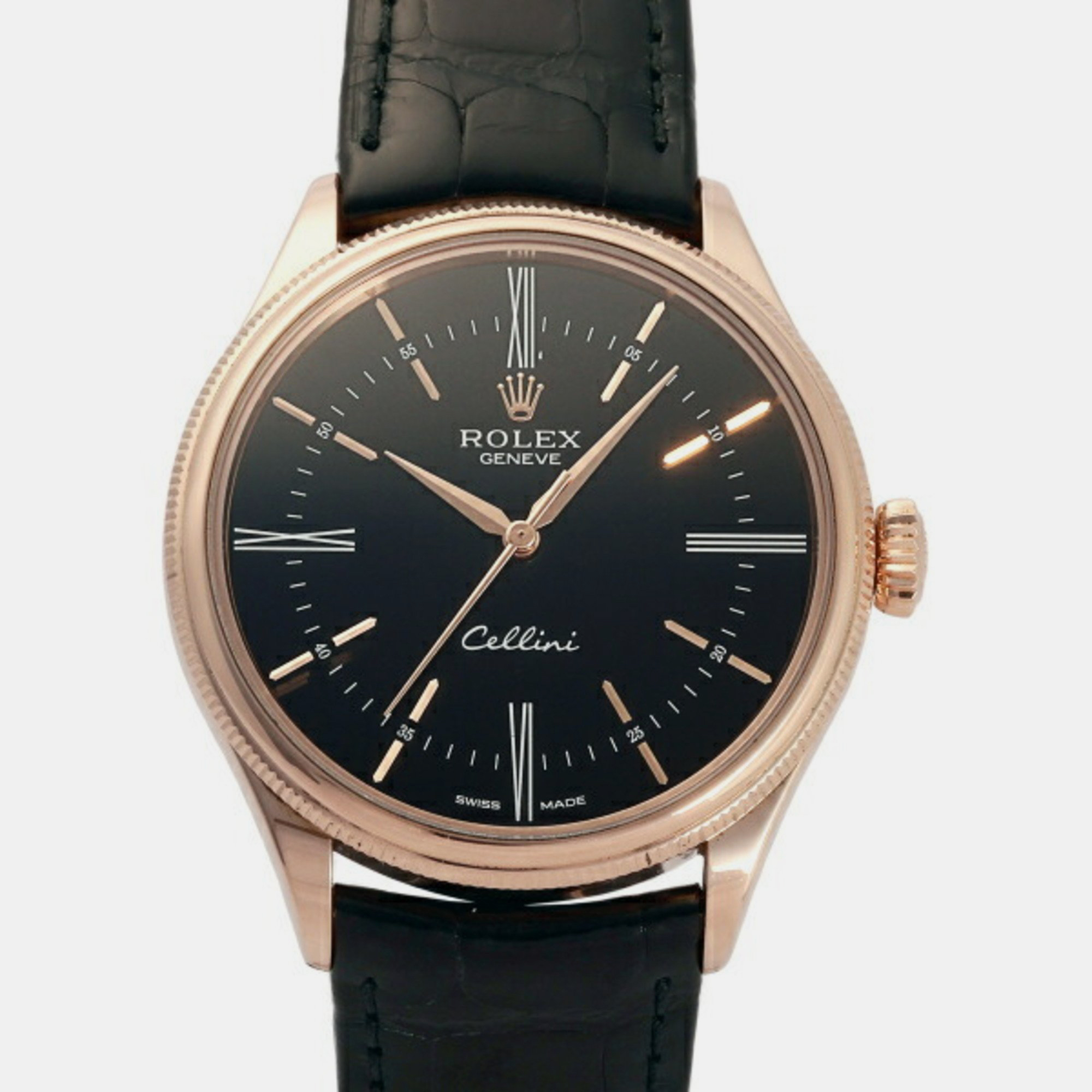 Rolex Black 18k Rose Gold Cellini 50505 Automatic Men's Wristwatch 39 Mm