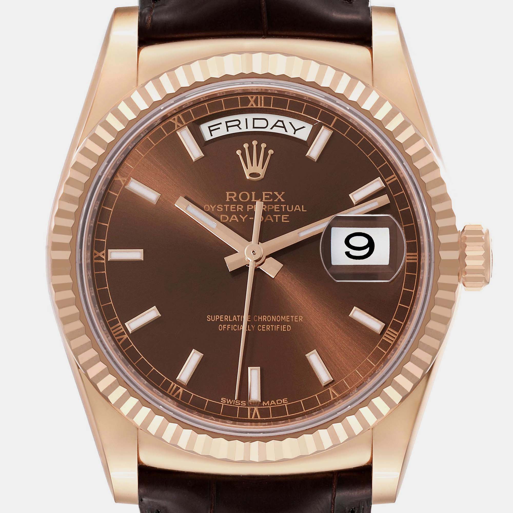 Rolex President Day-Date Rose Gold Chocolate Dial Mens Watch 118135