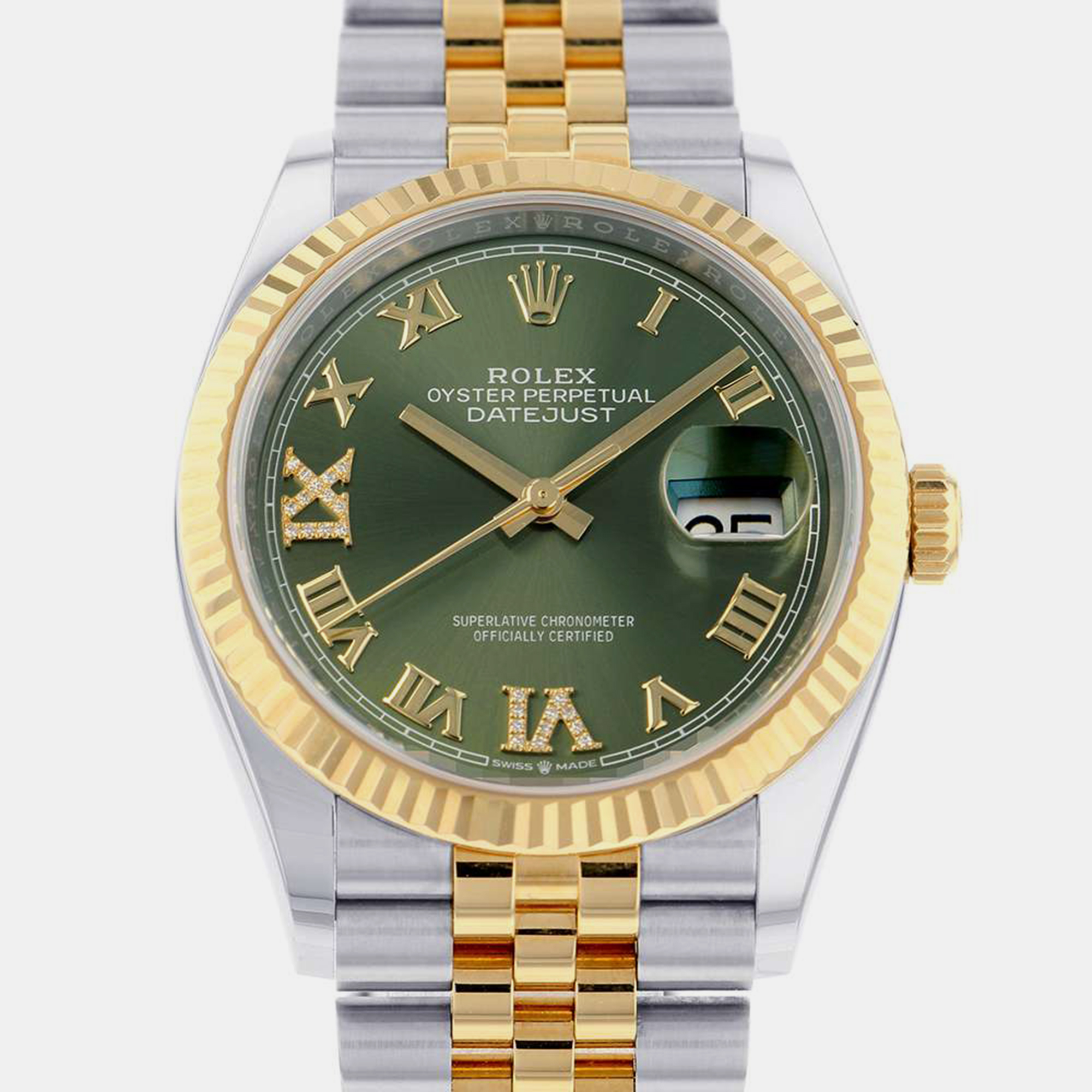 Rolex Green 18k Yellow Gold And Stainless Steel Datejust 126233 Automatic Men's Wristwatch 36 Mm