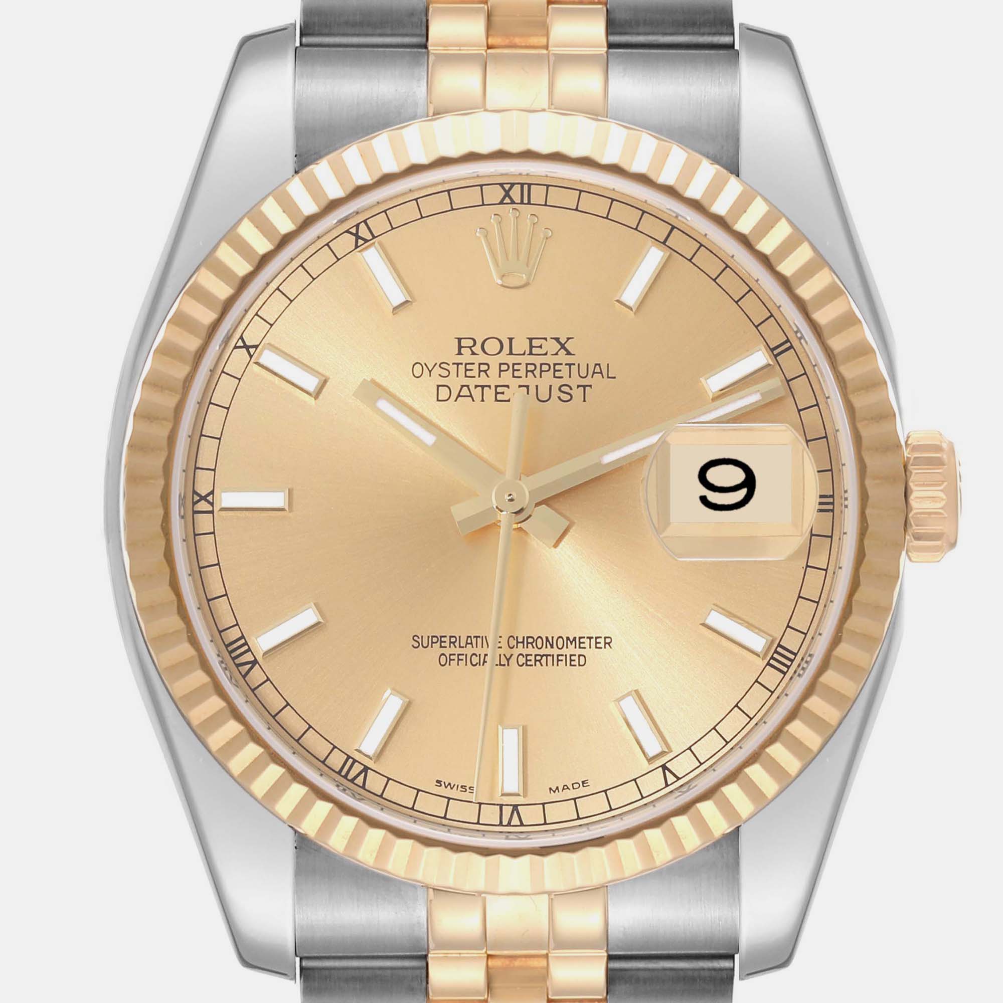 Rolex Datejust Steel Yellow Gold Champagne Dial Mens Watch 116233 36 Mm