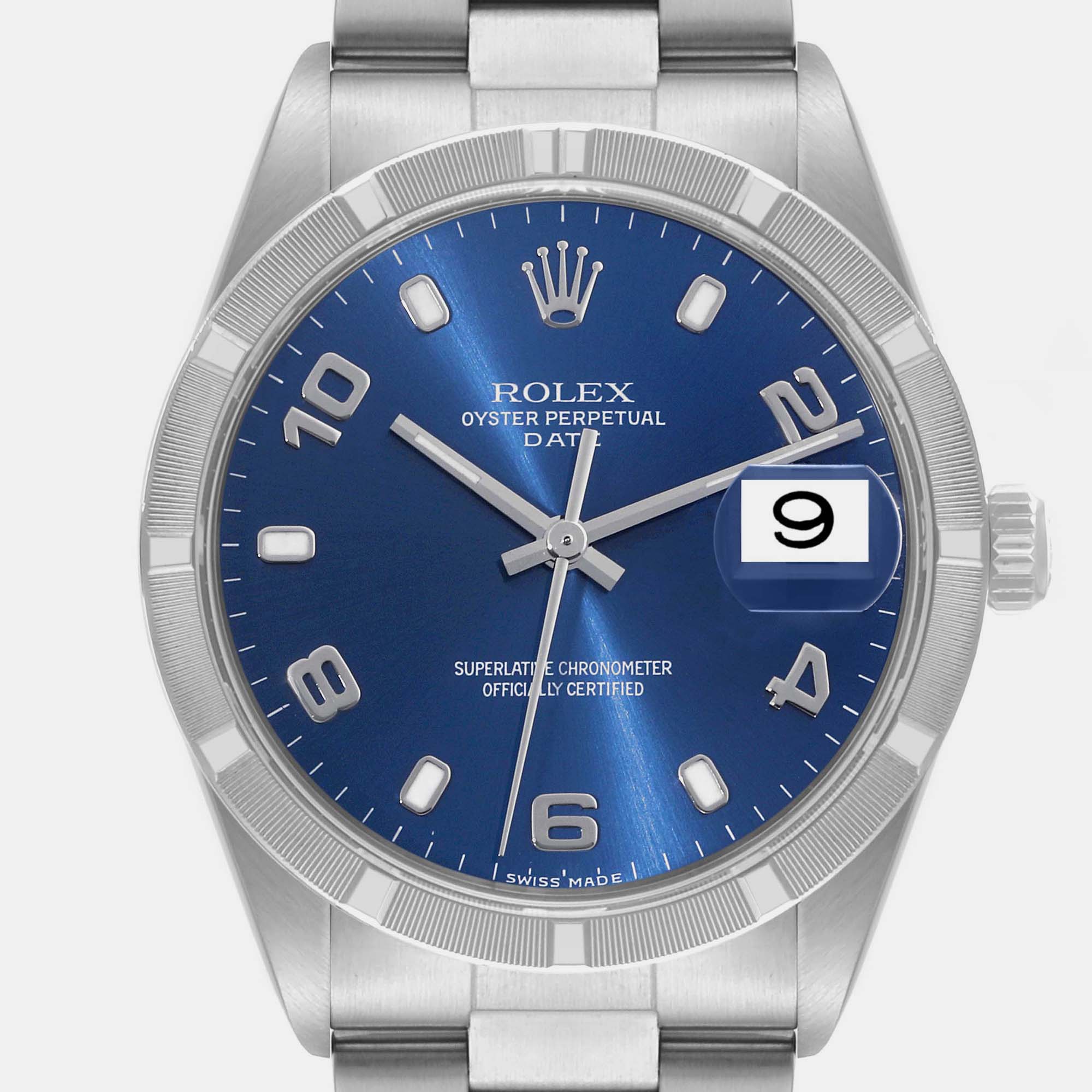 Rolex Date Blue Dial Engine Turned Bezel Steel Mens Watch 15210 34 Mm